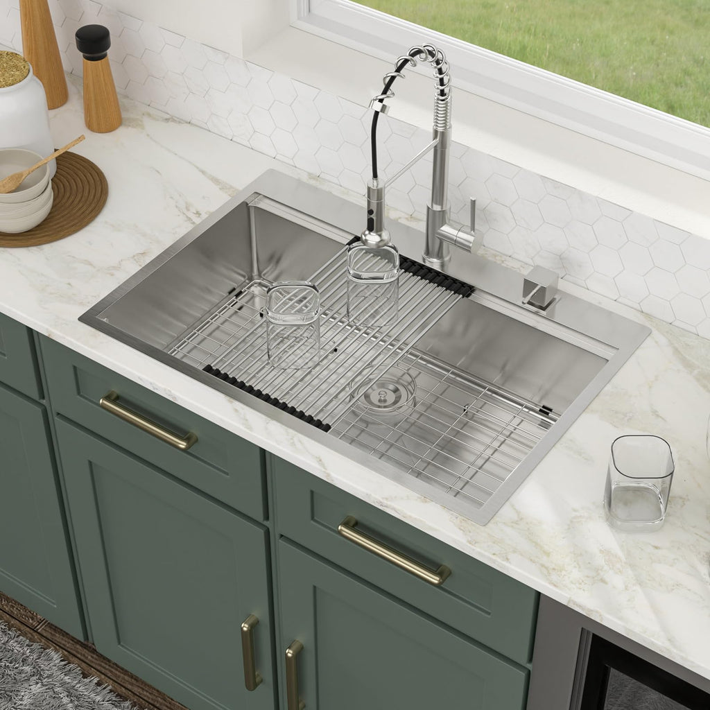 Logmey 33'' All-in-One Workstation Sink - Drop-In Single Bowl Noise Reduction - Silver Stainless Steel