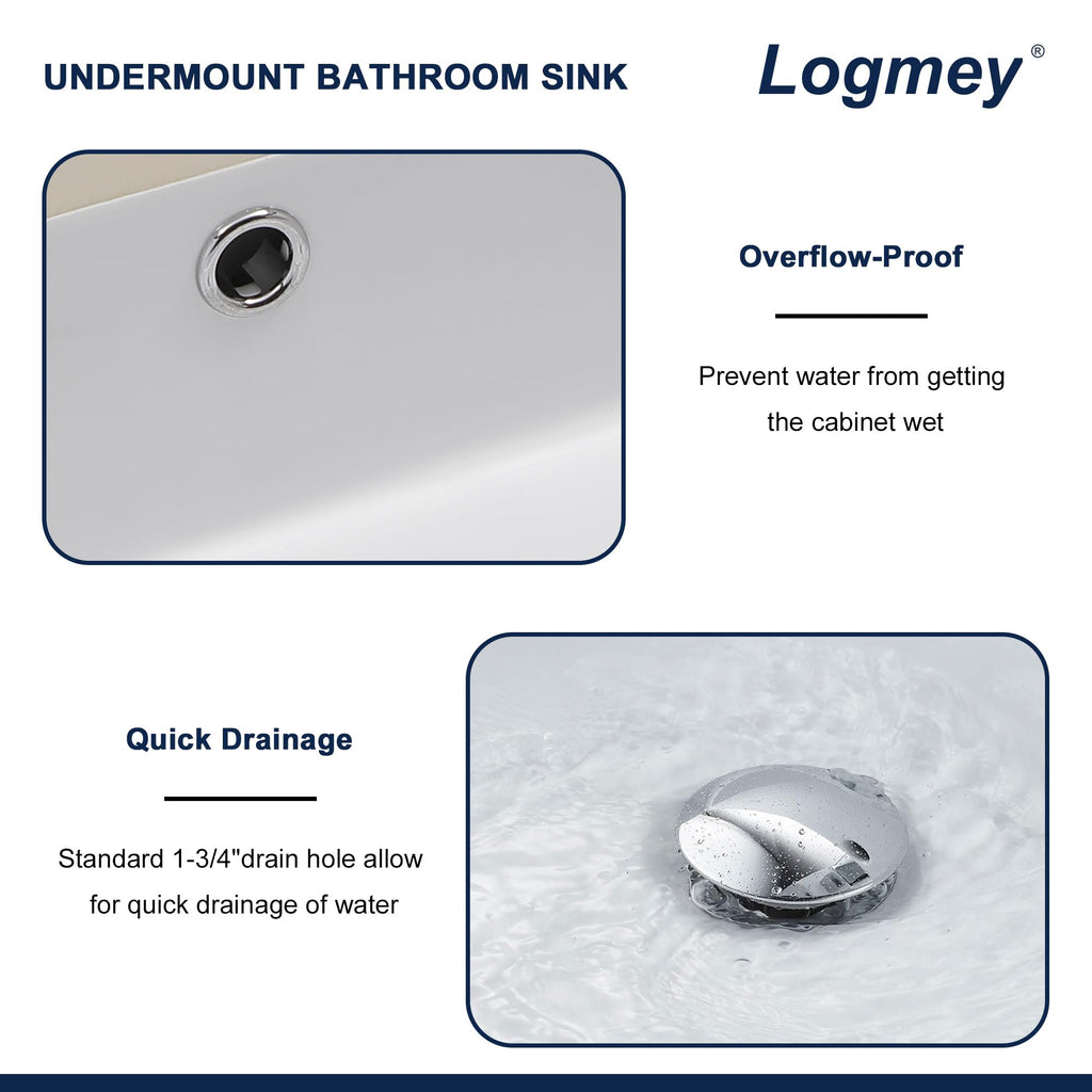 Logmey 21'' Bathroom Sink - Undermount Rectangular Single Bowl with Overflow - White Porcelain