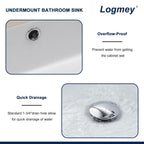 Logmey 21'' Bathroom Sink - Undermount Rectangular Single Bowl with Overflow - White Porcelain