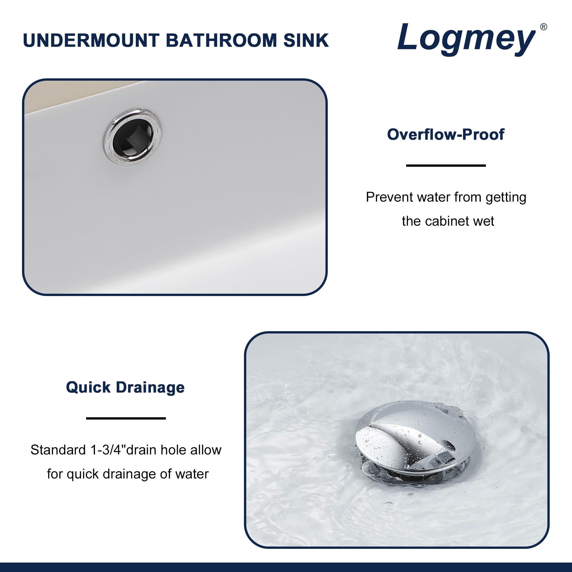 Logmey 21'' Bathroom Sink - Undermount Rectangular Single Bowl with Overflow - White Porcelain