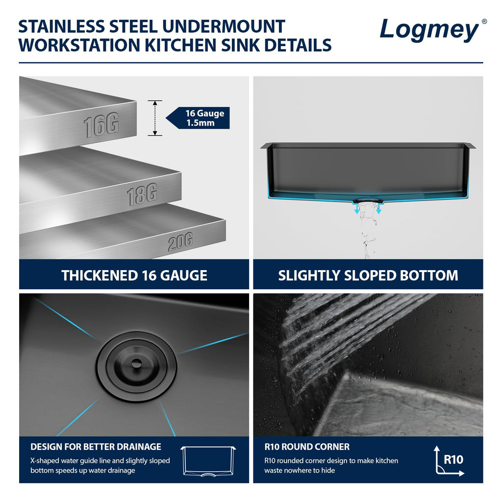 Logmey 33'' Workstation Kitchen Sink - Undermount Single Bowl - Black NANO-PVD Stainless Steel