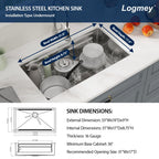 Logmey 33'' Workstation Kitchen Sink - Undermount Single Bowl Two-Tier Ledge - Silver Stainless Steel