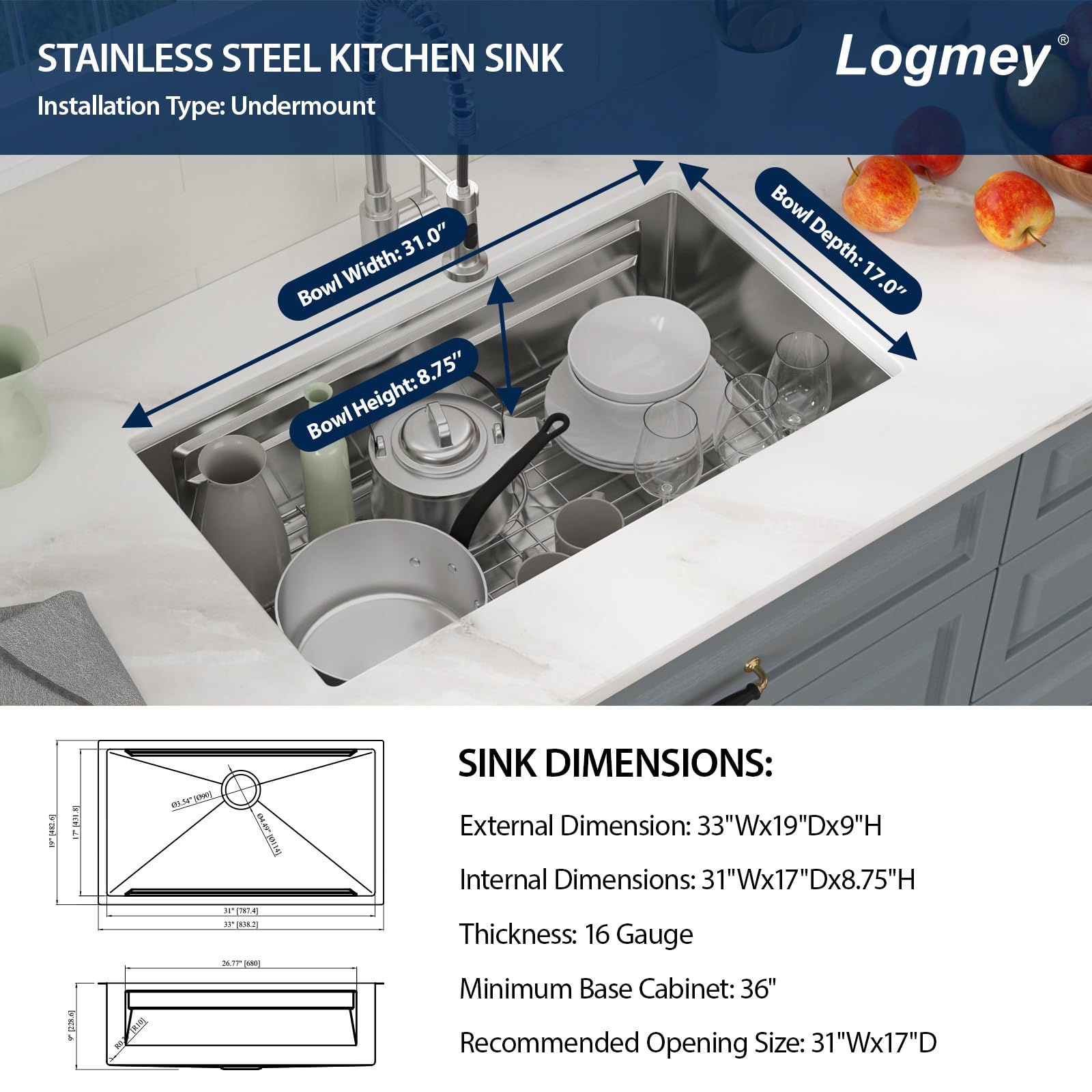 33 Undermount Kitchen Sink Logmey 33x19 Inch Undermount Sink Stainless Steel Two Tier Ledge Workstation Sink 16 Gauge Single Bowl Kitchen Sink