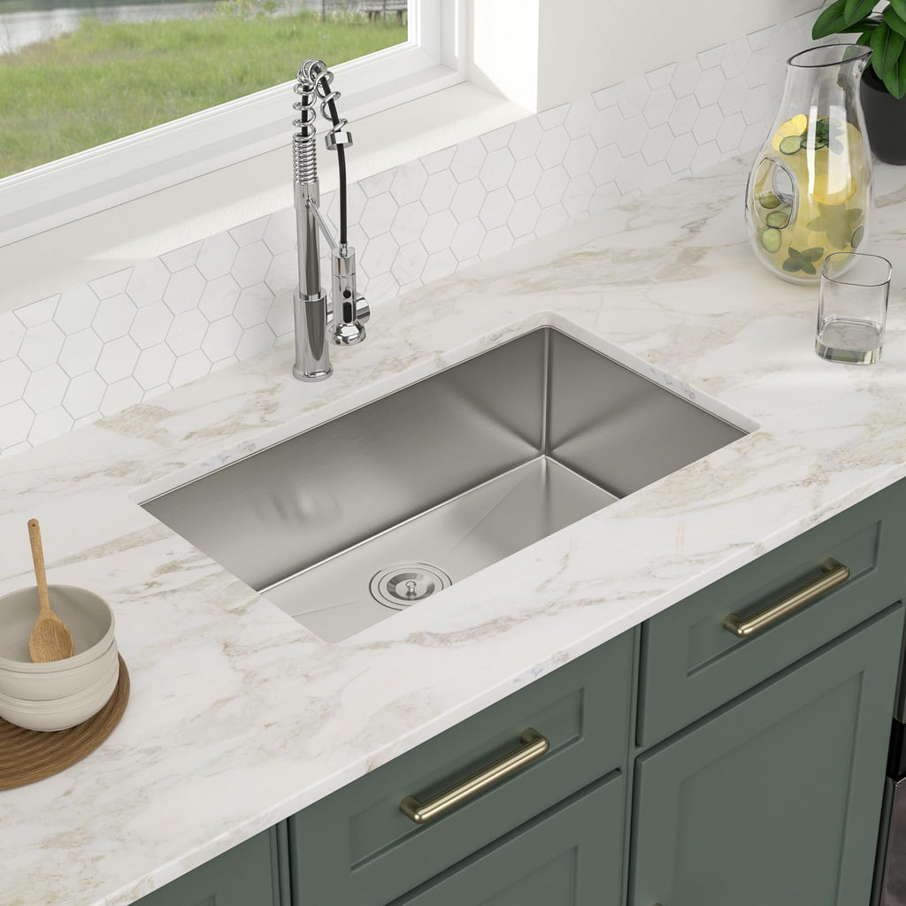 Logmey 30'' Kitchen Sink - Undermount Round Corner Single Bowl - Silver Stainless Steel