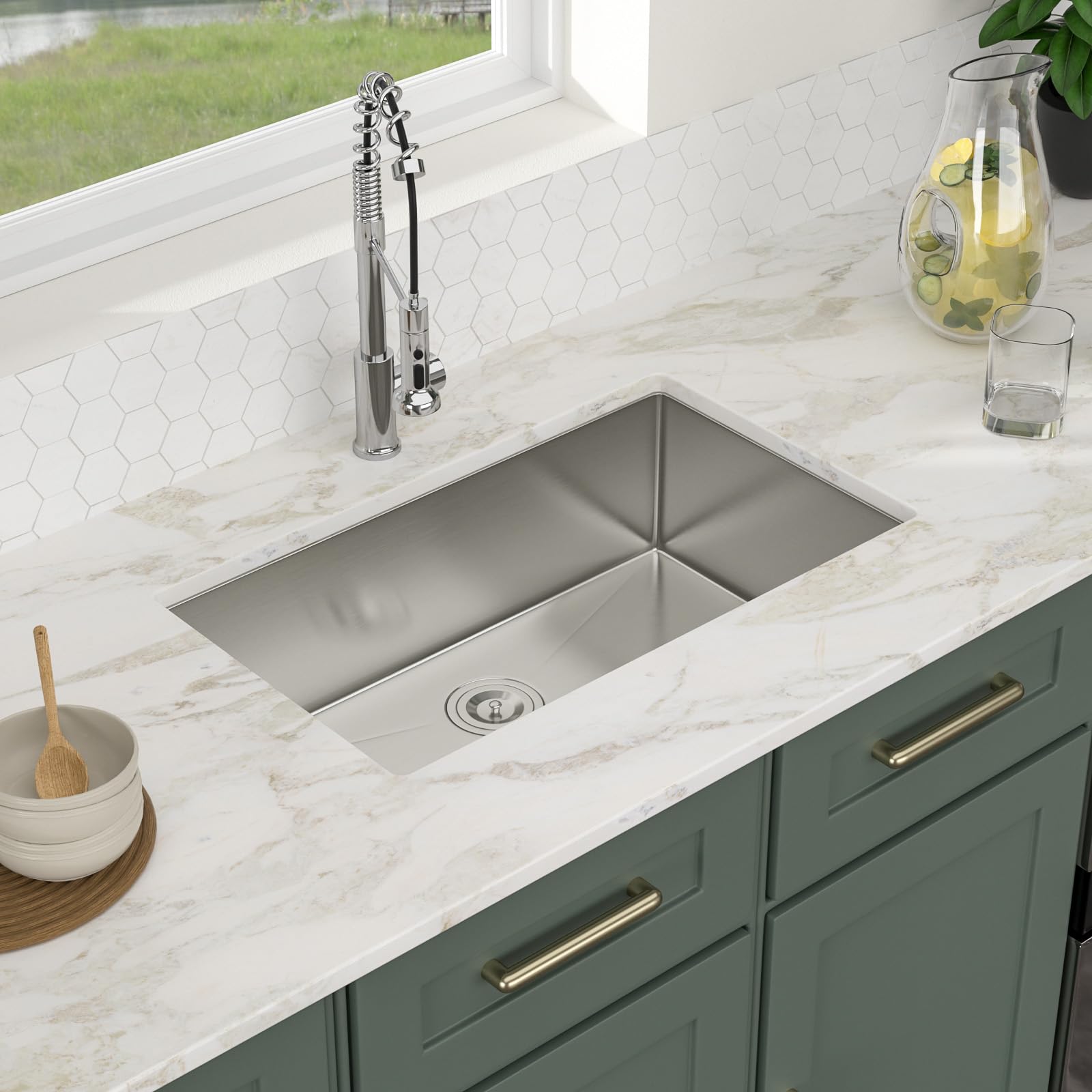 Logmey 30'' Kitchen Sink - Undermount Round Corner Single Bowl - Silver Stainless Steel