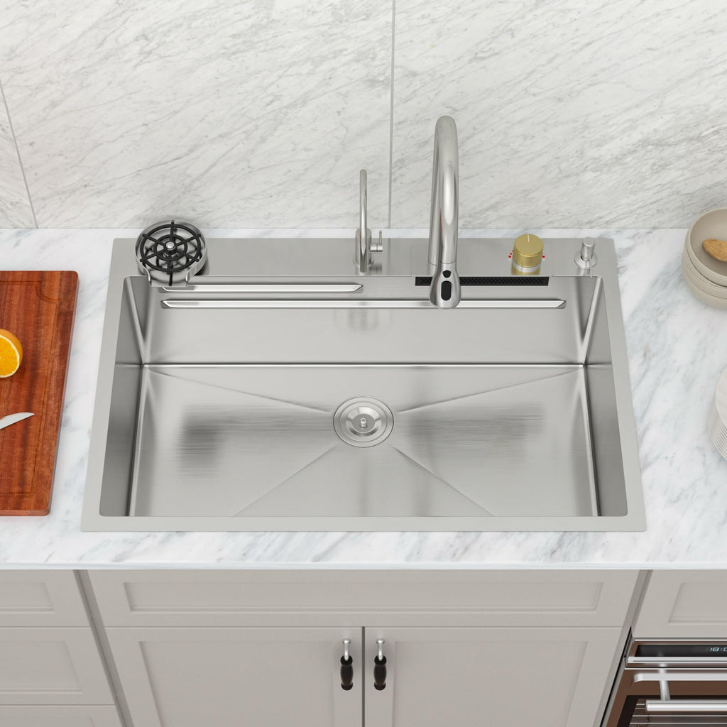 Logmey 33'' Waterfall Workstation Sink - Drop-In Single Bowl with Faucet & Cup Washer - Silver Stainless Steel