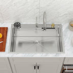 Logmey 33'' Waterfall Workstation Sink - Drop-In Single Bowl with Faucet & Cup Washer - Silver Stainless Steel