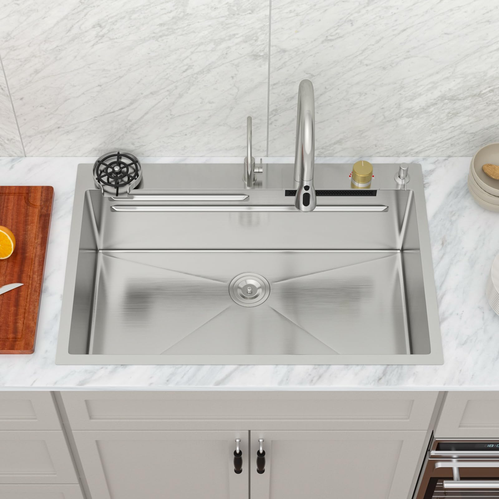Logmey 33'' Waterfall Workstation Sink - Drop-In Single Bowl with Faucet & Cup Washer - Silver Stainless Steel