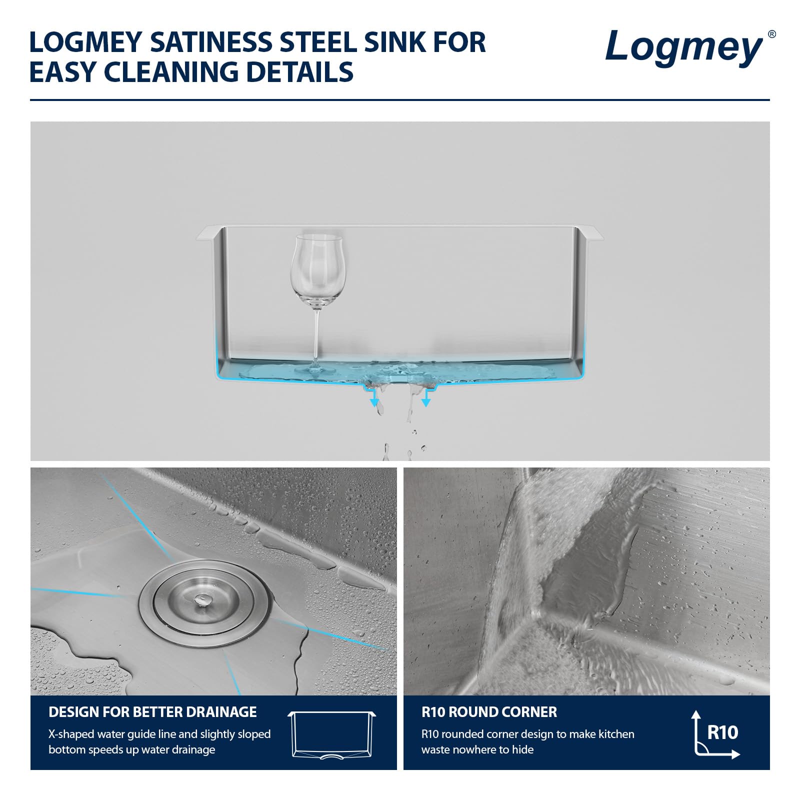 Logmey 23''x18'' Kitchen Sink - Undermount Single Bowl - Silver Stainless Steel