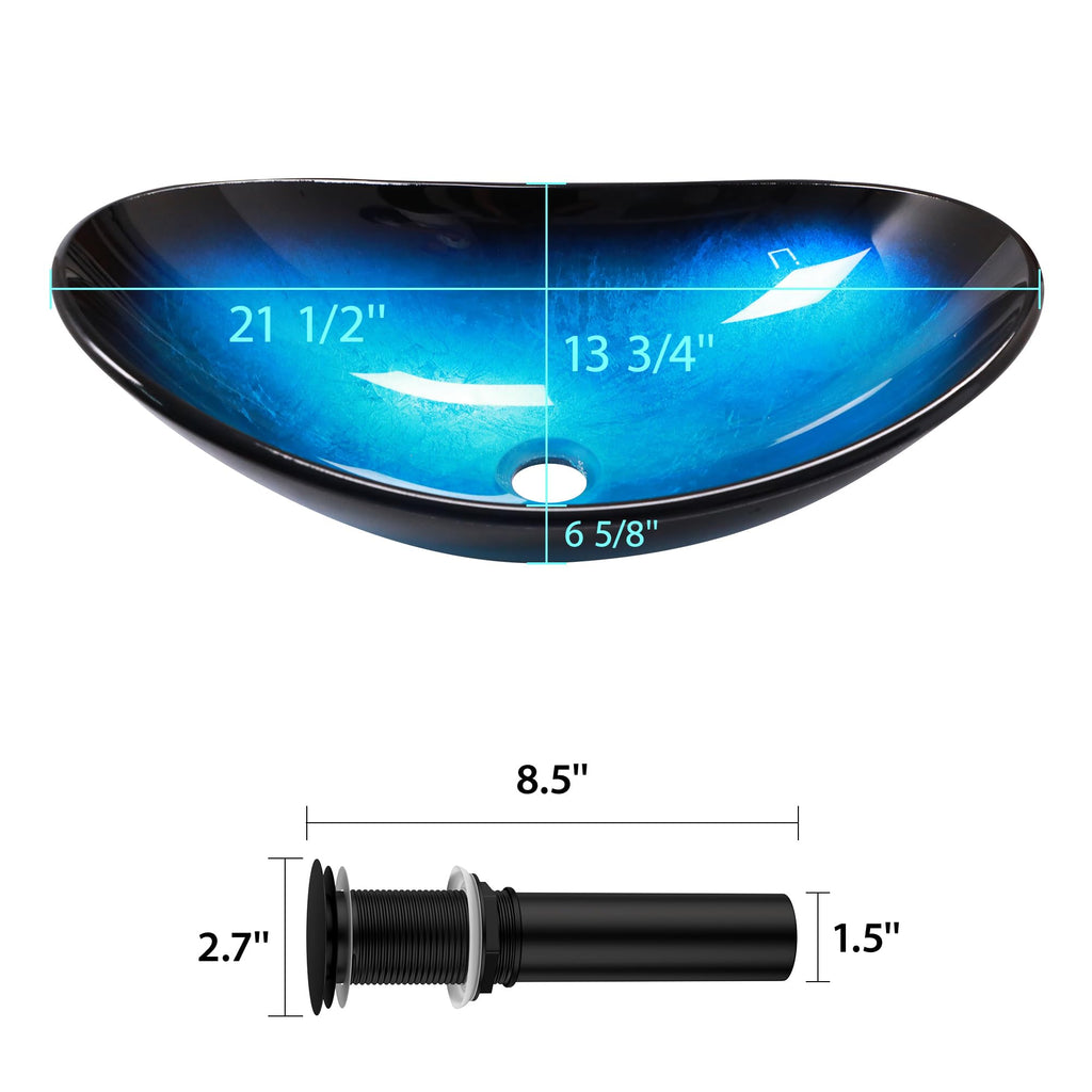 Logmey 21'' Bathroom Vessel Sink - Oval Countertop Single Bowl with Drain - Blue Tempered Glass