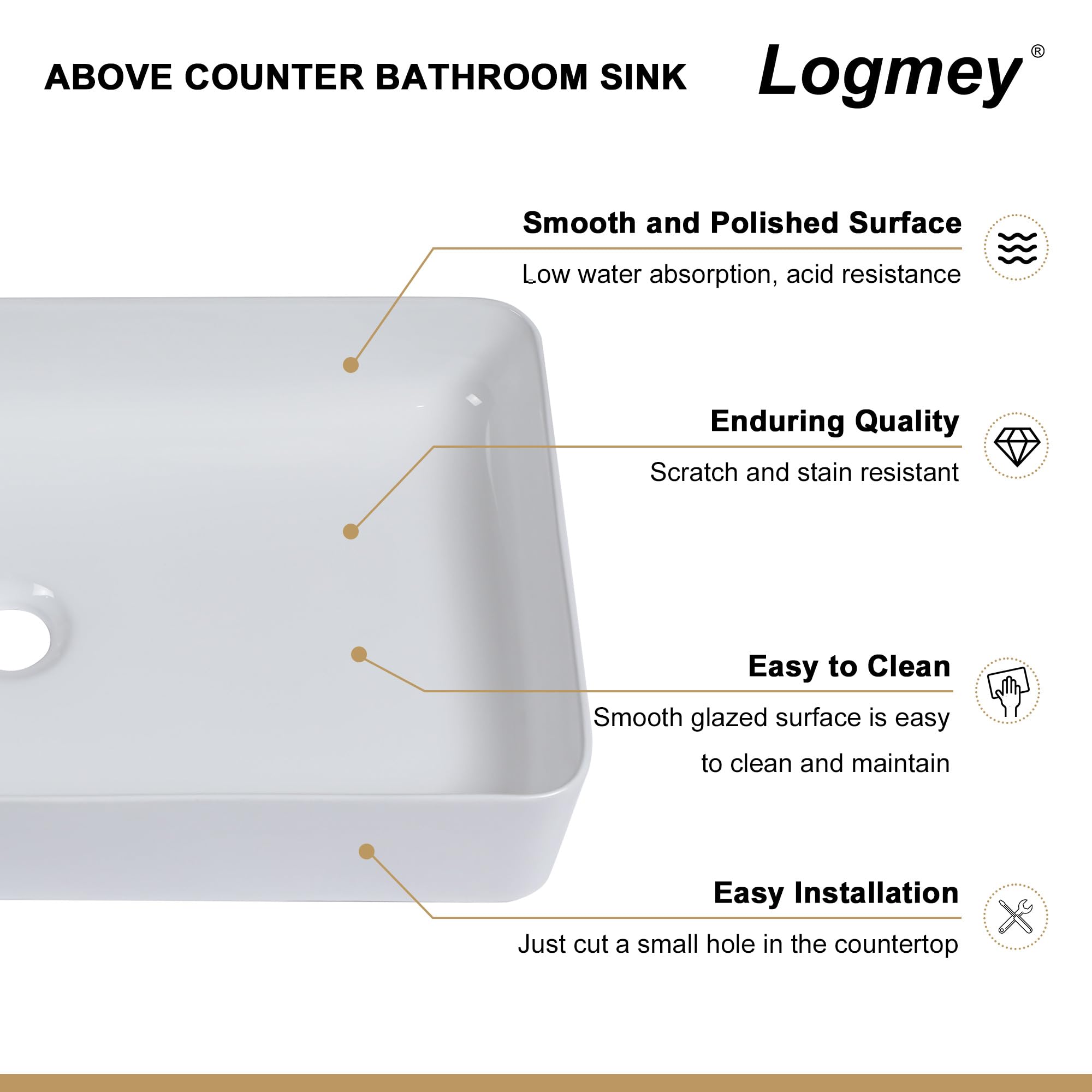 Logmey 24''x14'' Bathroom Sink - Rectangular Above Counter Vessel Single Bowl - White Porcelain Ceramic