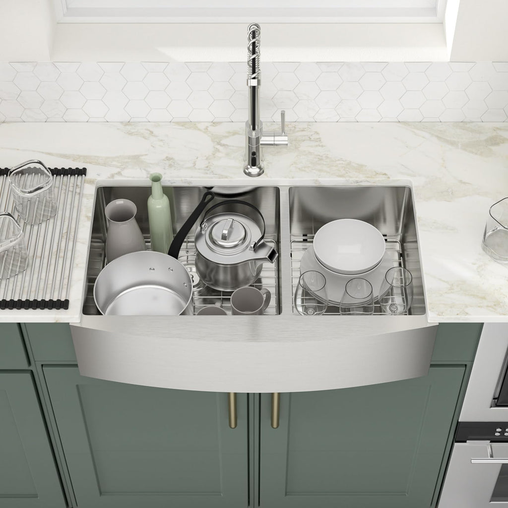 Logmey 33'' Farmhouse Kitchen Sink - Apron Front 60/40 Double Bowl - Silver Stainless Steel