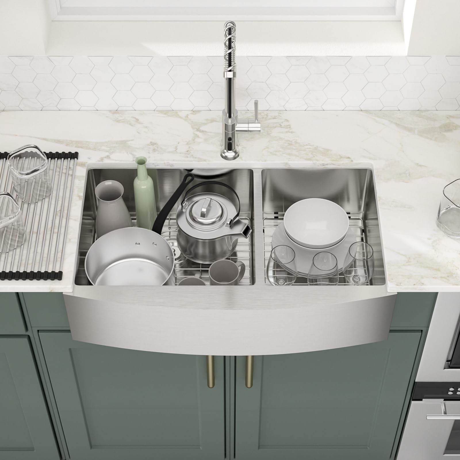 Logmey 33'' Farmhouse Kitchen Sink - Apron Front 60/40 Double Bowl - Silver Stainless Steel