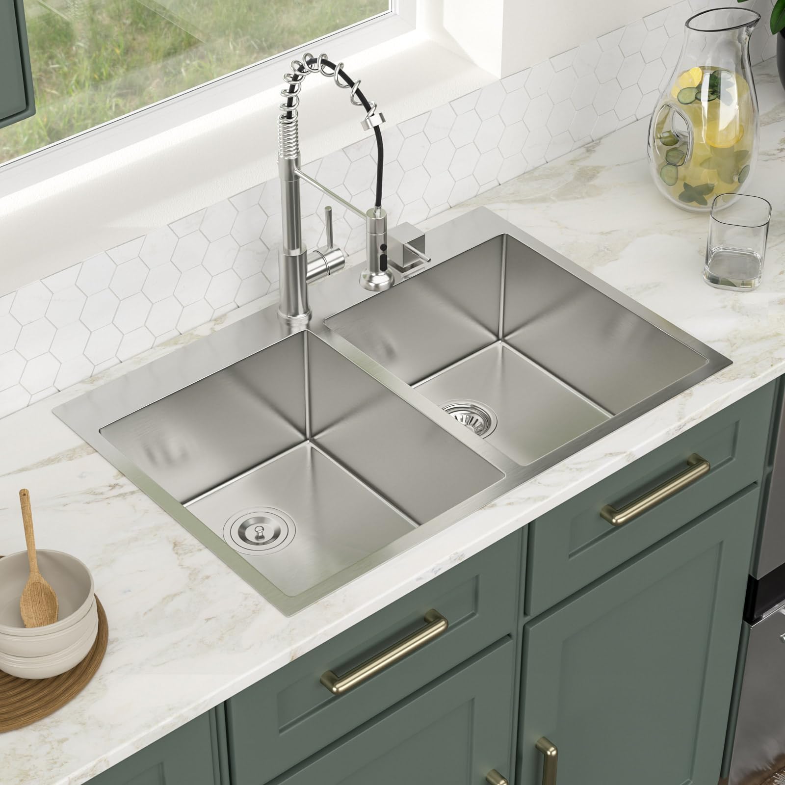 Logmey 33'' Kitchen Sink - Drop-In Topmount 50/50 Double Bowl - Silver Stainless Steel