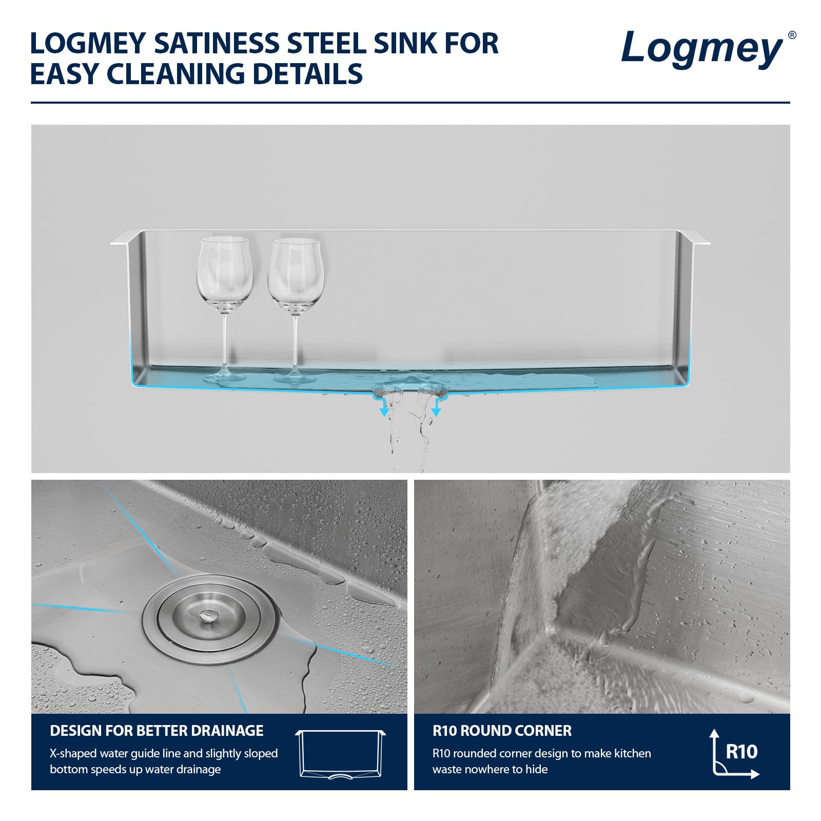 Logmey 33''x19'' Kitchen Sink - Undermount Single Bowl - Silver Stainless Steel