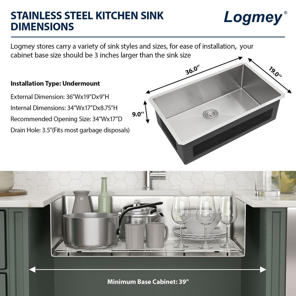 Logmey 36'' Kitchen Sink - Undermount Single Bowl with Assembly Parts - Silver Stainless Steel