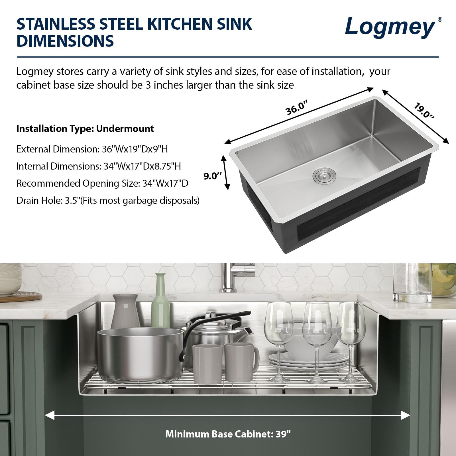 Logmey 36'' Kitchen Sink - Undermount Single Bowl with Assembly Parts - Silver Stainless Steel