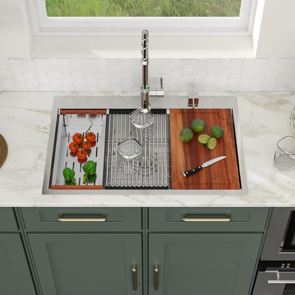 Logmey 33'' All-in-One Workstation Sink - Drop-In Single Bowl Noise Reduction - Silver Stainless Steel