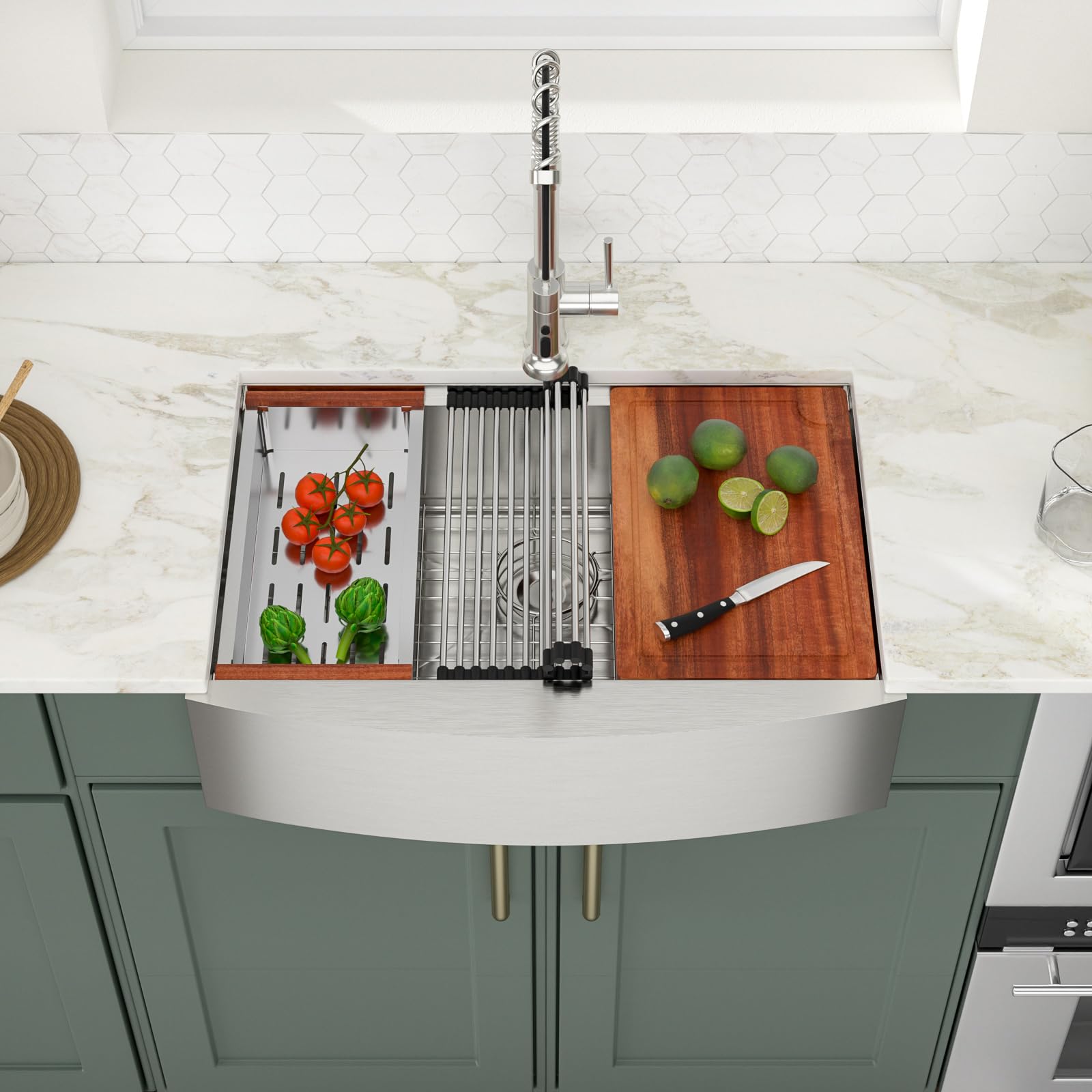 Logmey 30x21 Inch Apron Front Single Bowl Workstation Stainless Steel Farmhouse Sink