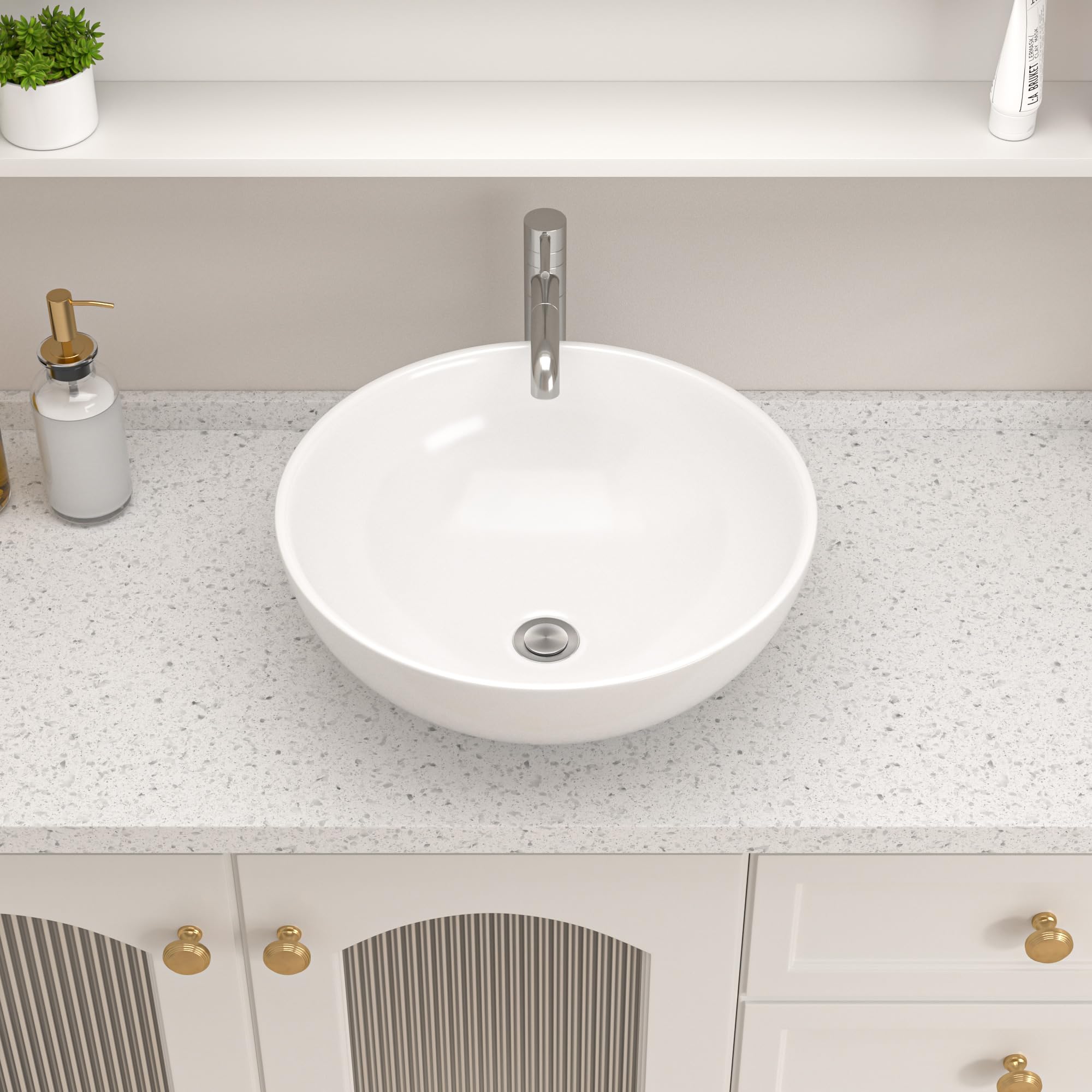 Logmey 16x16 Inch Modern White Round Above Counter Porcelain Ceramic Bathroom Vessel Sink