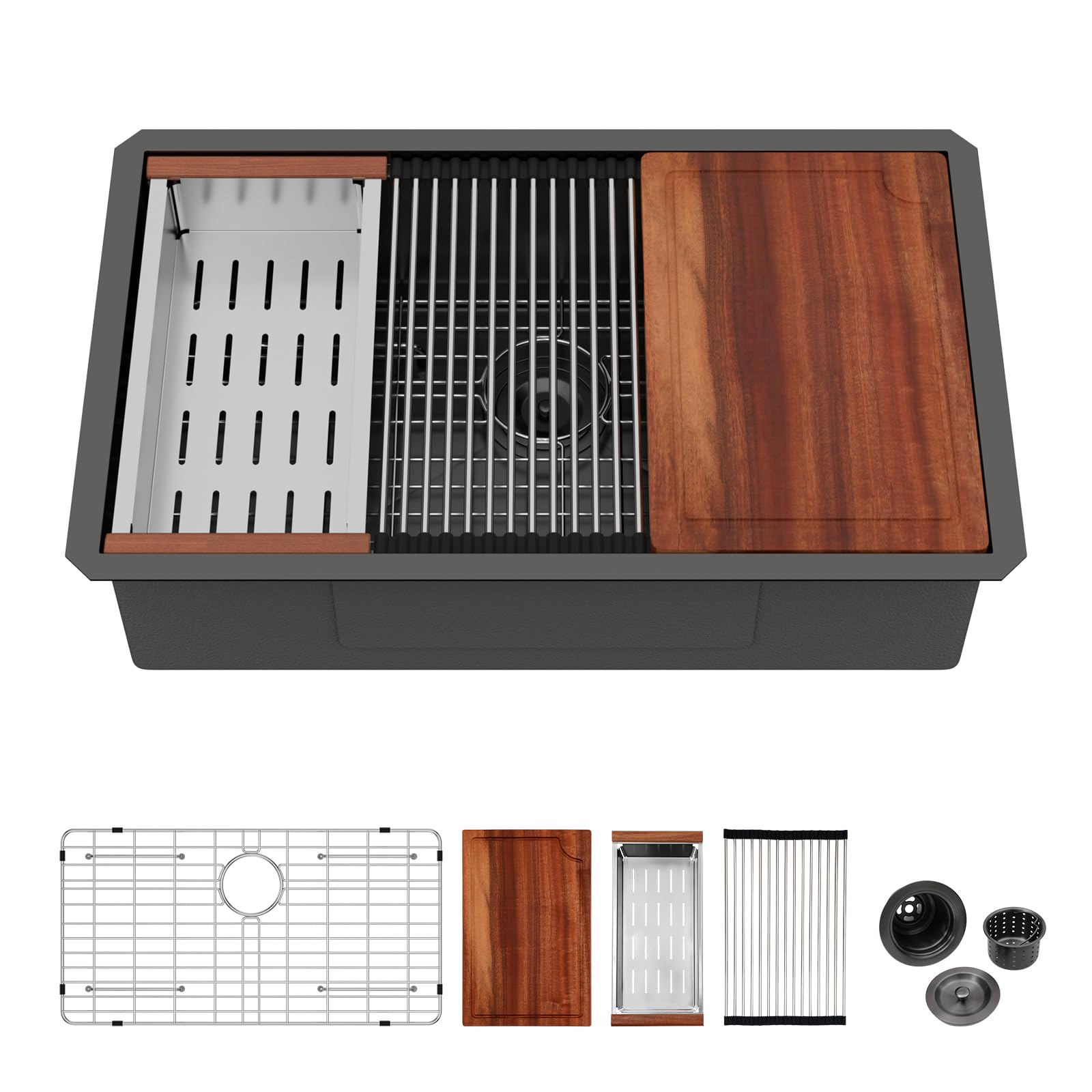 Logmey 33'' Workstation Kitchen Sink - Undermount Single Bowl - Black NANO-PVD Stainless Steel