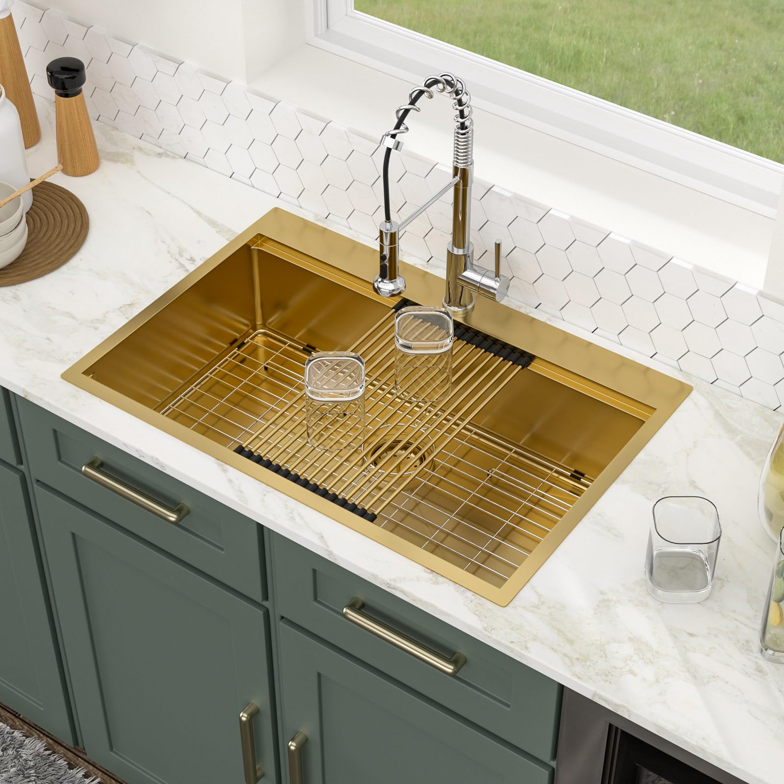Logmey 33'' Kitchen Sink - Drop-In Single Bowl - Gold Stainless Steel