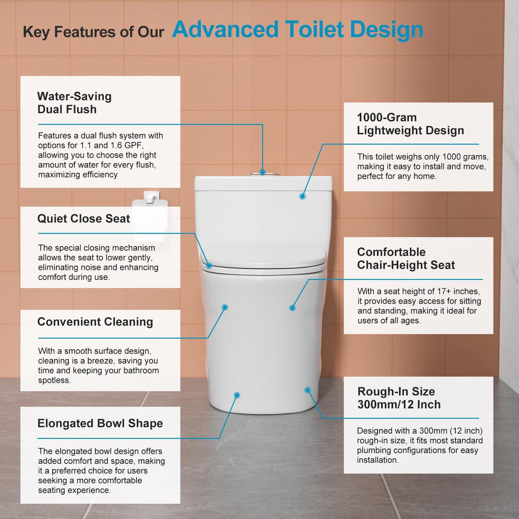 Logmey Elongated One Piece Toilet - White Rotary Dual Flush