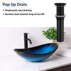Logmey 21'' Bathroom Vessel Sink - Oval Countertop Single Bowl with Drain - Blue Tempered Glass
