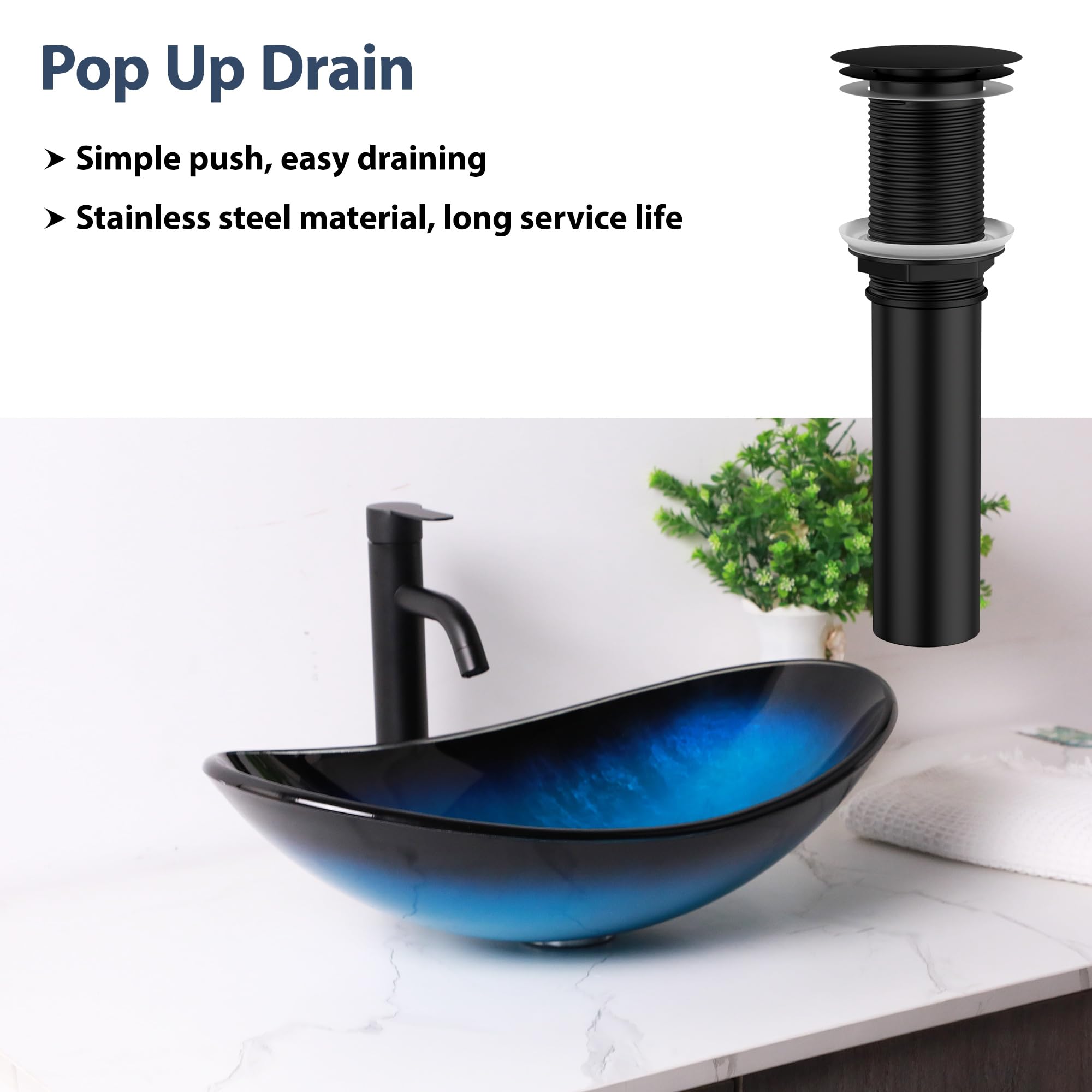 Logmey 21'' Bathroom Vessel Sink - Oval Countertop Single Bowl with Drain - Blue Tempered Glass
