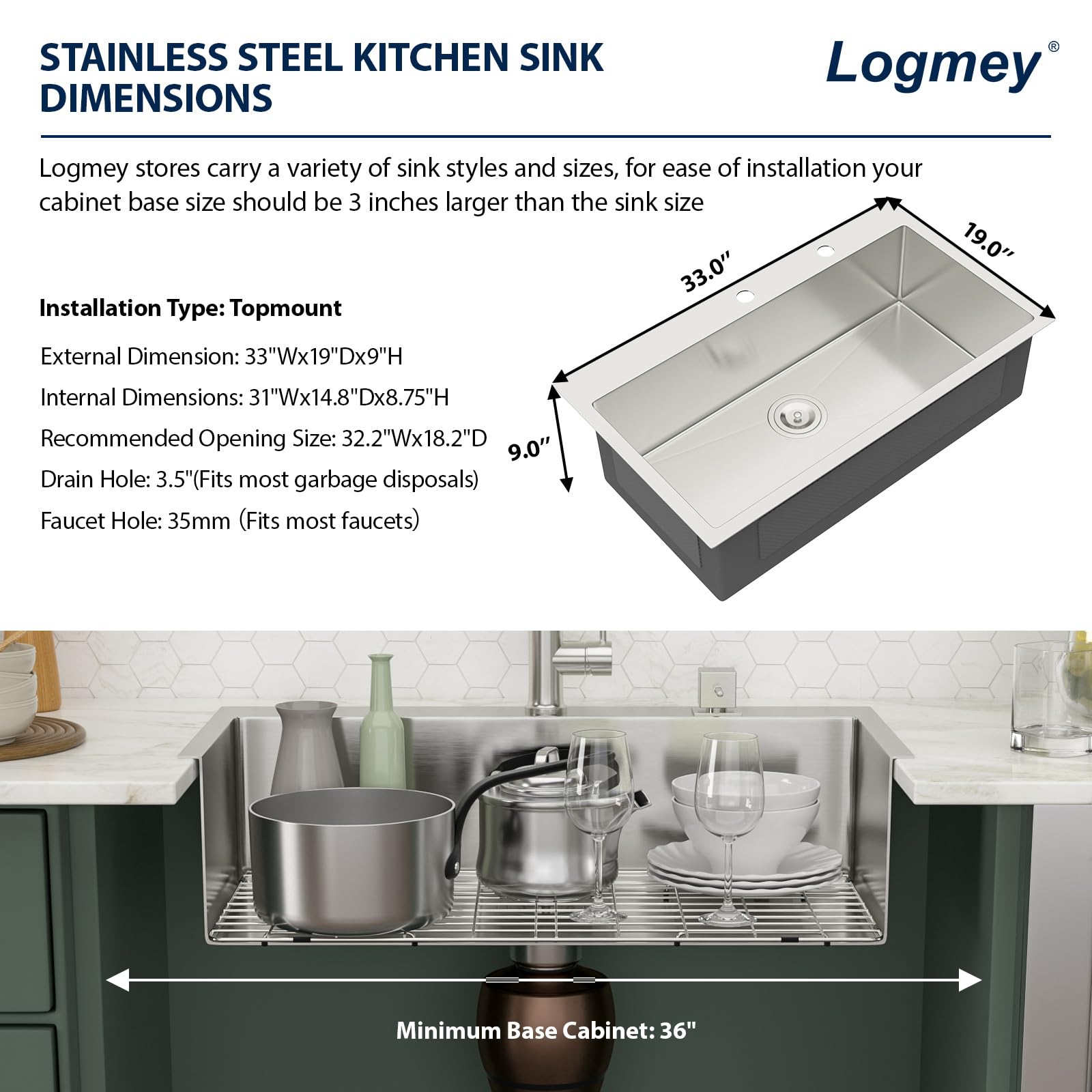 Logmey 33'' Kitchen Sink - Drop-In Round Corner Single Bowl - Silver Stainless Steel
