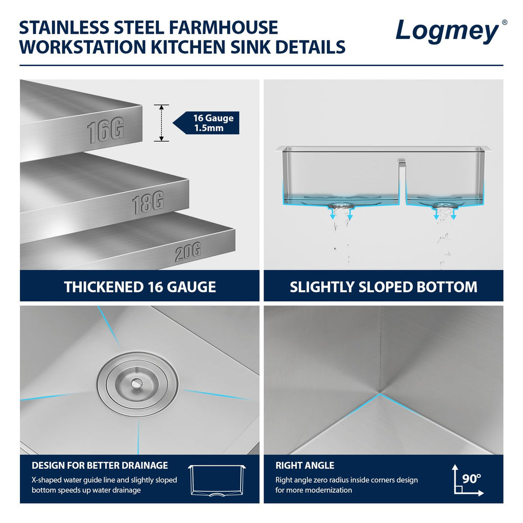 Logmey 33x21 inch Double Bowl Workstation Low Divide Apron Front Stainless Steel Farmhouse Sink