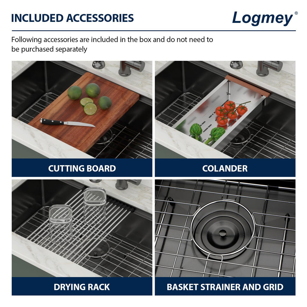 Logmey 33'' Workstation Kitchen Sink - Undermount Single Bowl - Black NANO-PVD Stainless Steel