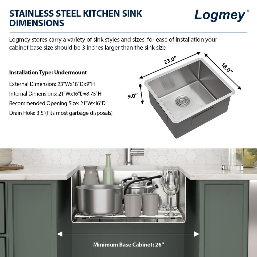 Logmey 23''x18'' Kitchen Sink - Undermount Single Bowl - Silver Stainless Steel