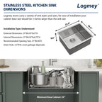 Logmey 23''x18'' Kitchen Sink - Undermount Single Bowl - Silver Stainless Steel