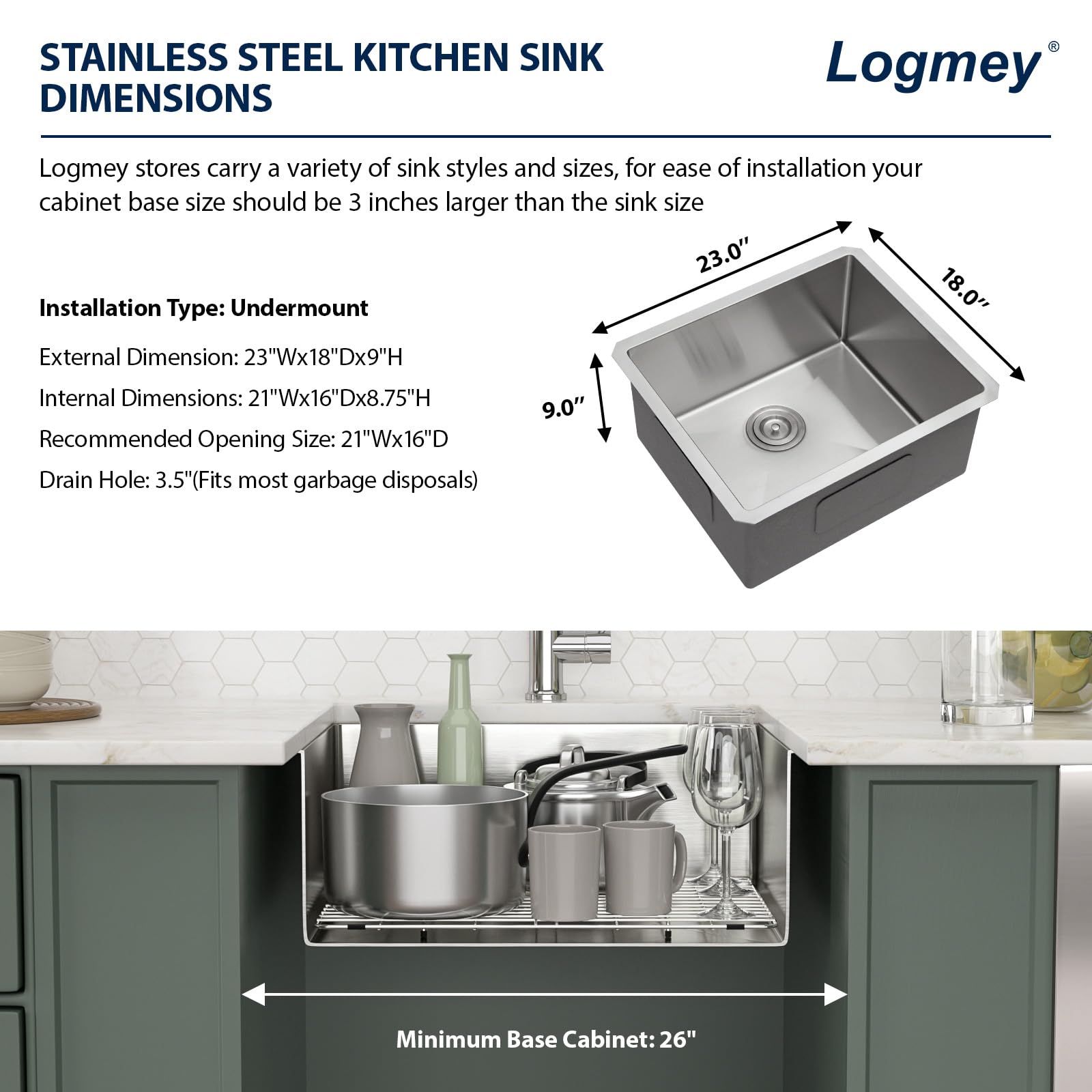Logmey 23''x18'' Kitchen Sink - Undermount Single Bowl - Silver Stainless Steel