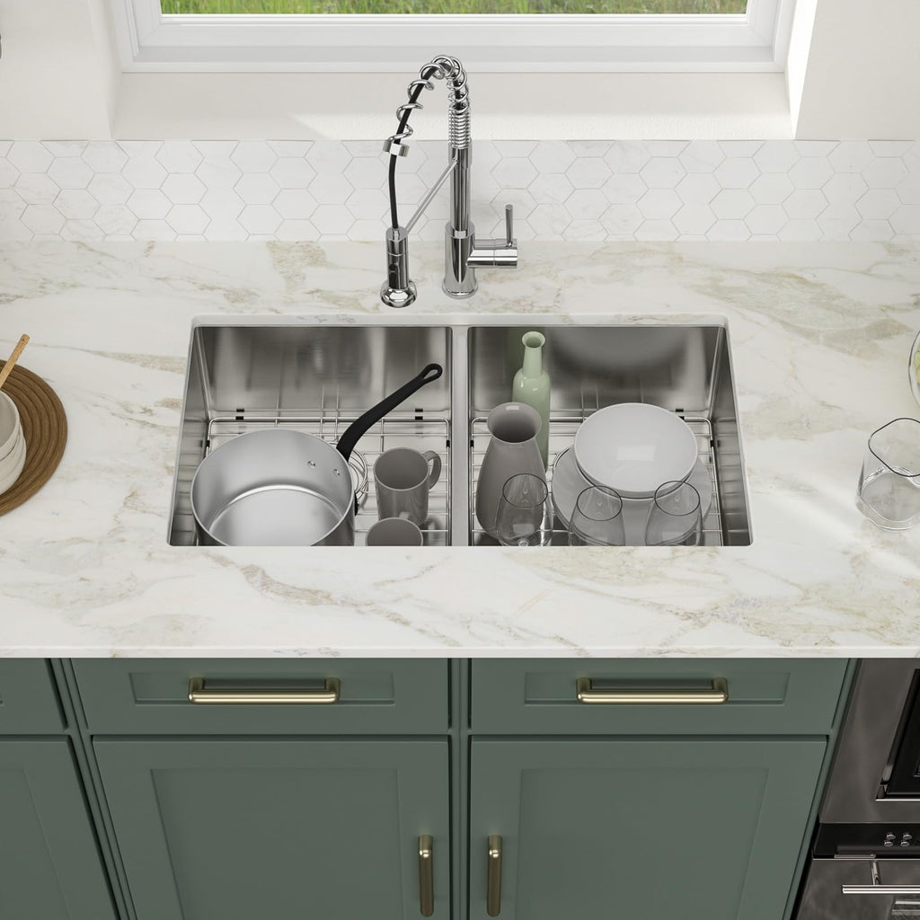Logmey 33''x19'' Kitchen Sink - Undermount Double Bowl - Silver Stainless Steel