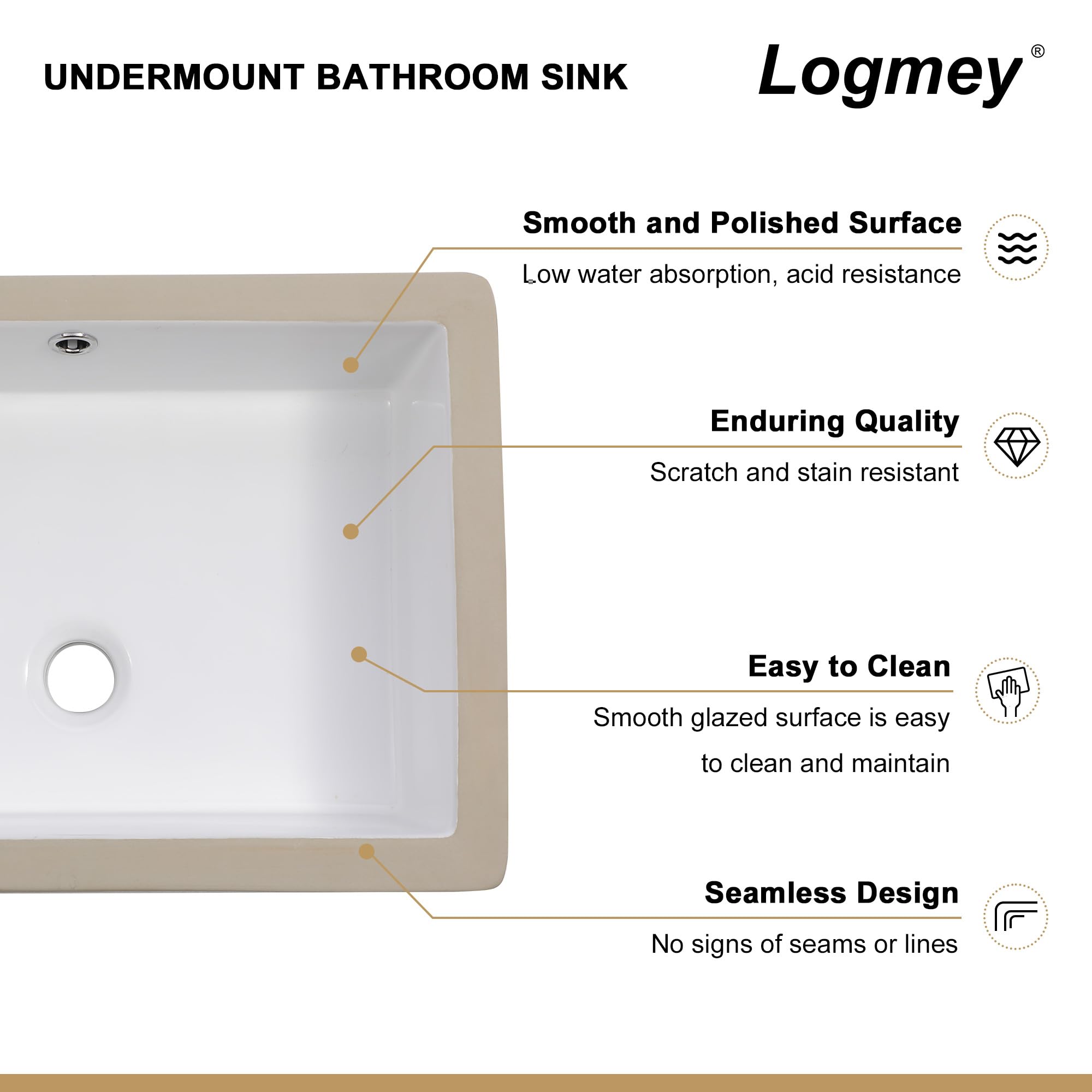Logmey 20''x16'' Bathroom Sink - Undermount Rectangular Vessel Single Bowl - White Porcelain Ceramic