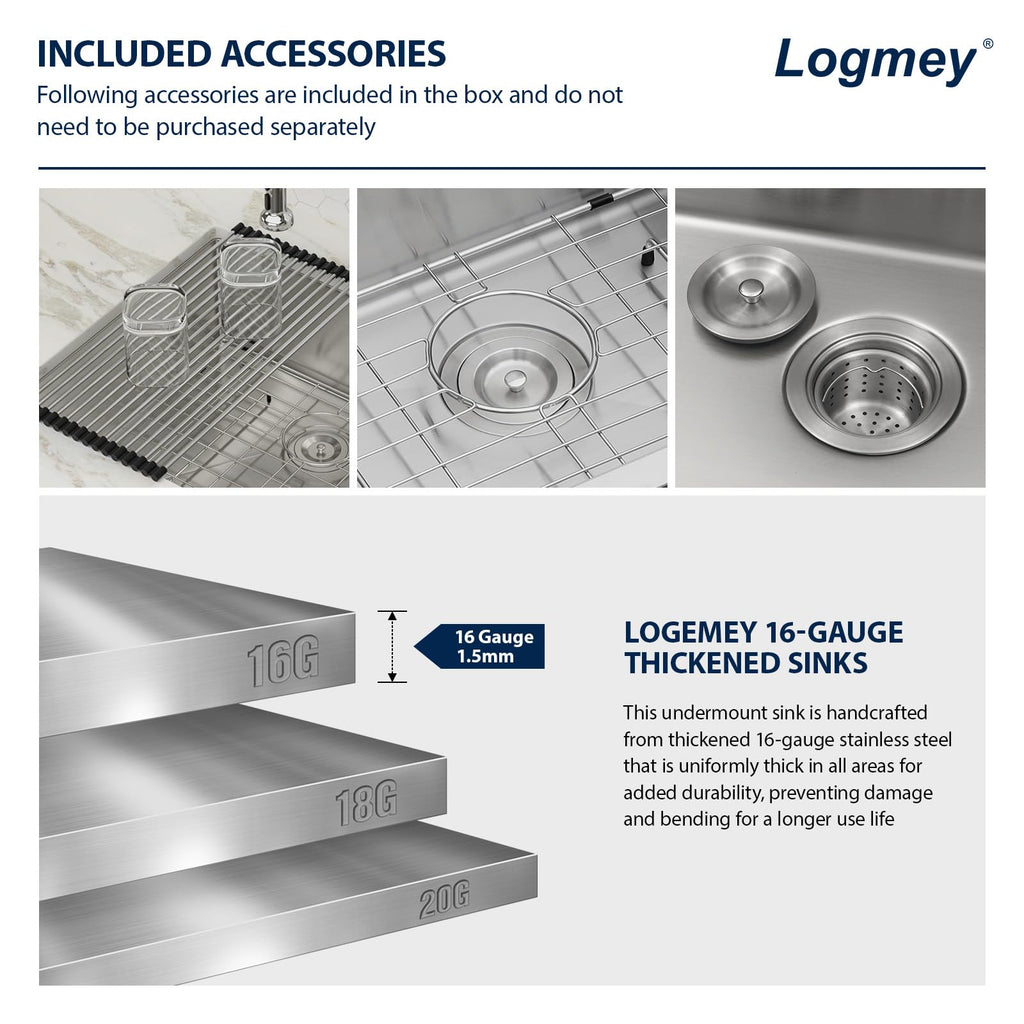 Logmey 25x22 Inch Undermount Single Bowl Stainless Steel Bar Sink