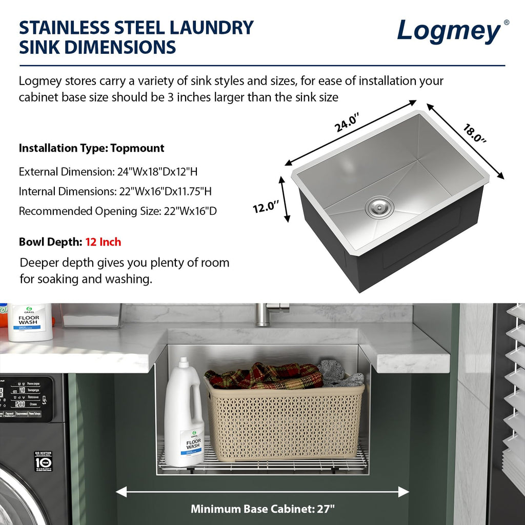 Logmey 24'' Laundry Utility Sink - Undermount Deep Single Bowl - Silver Stainless Steel