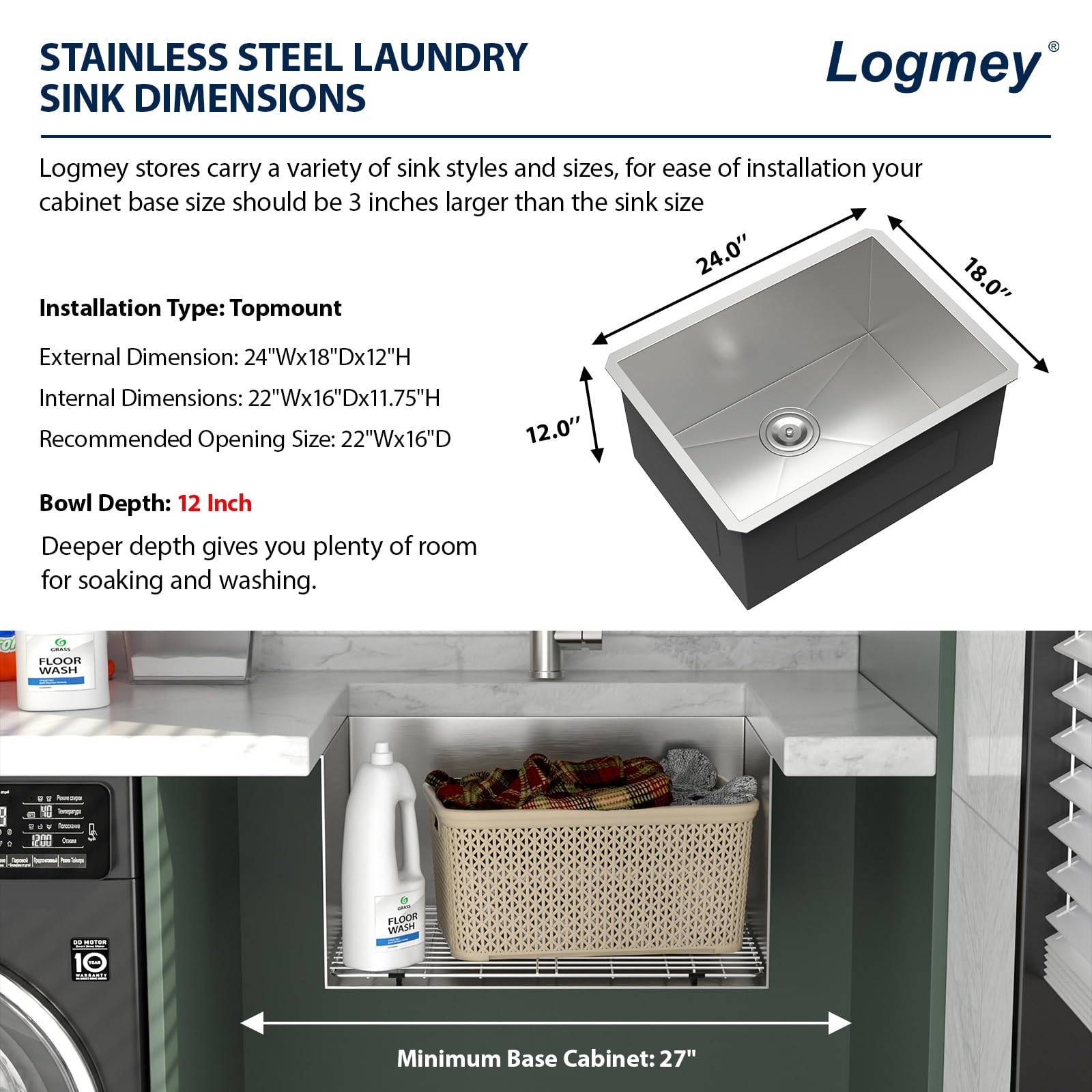 Logmey 24'' Laundry Utility Sink - Undermount Deep Single Bowl - Silver Stainless Steel