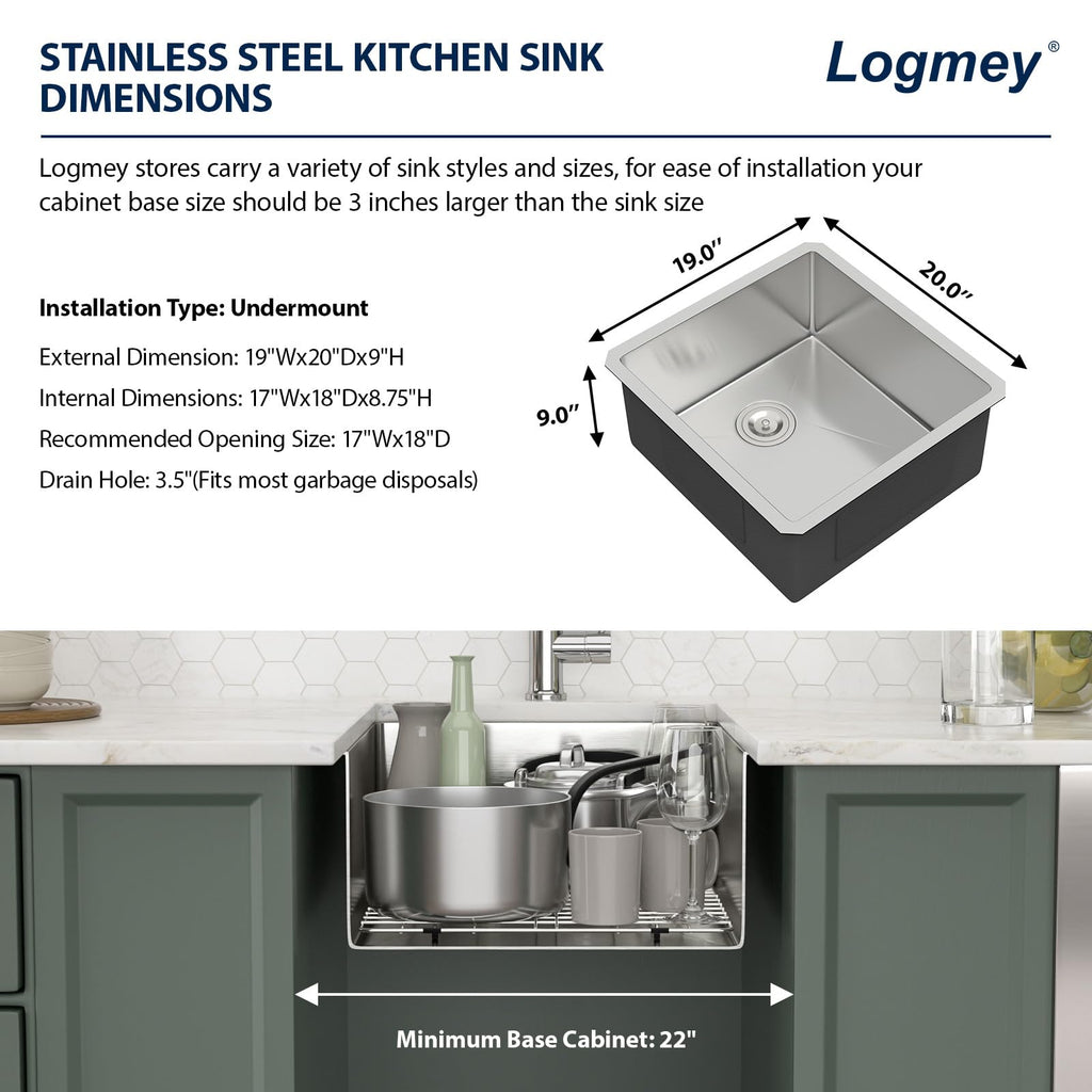 Logmey 19x20 Inch Undermount Single Bowl Stainless Steel Bar Sink