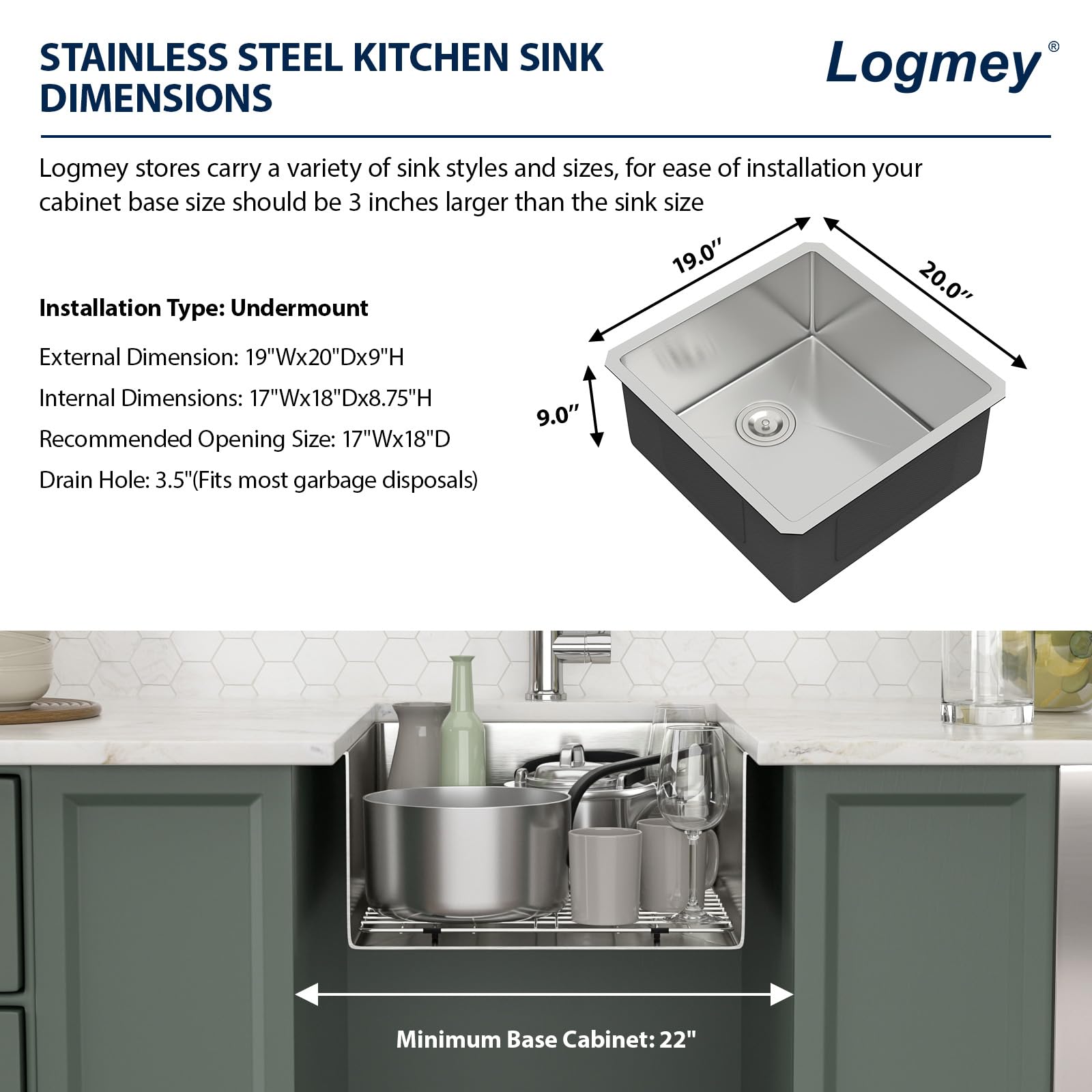 Logmey 19x20 Inch Undermount Single Bowl Stainless Steel Bar Sink