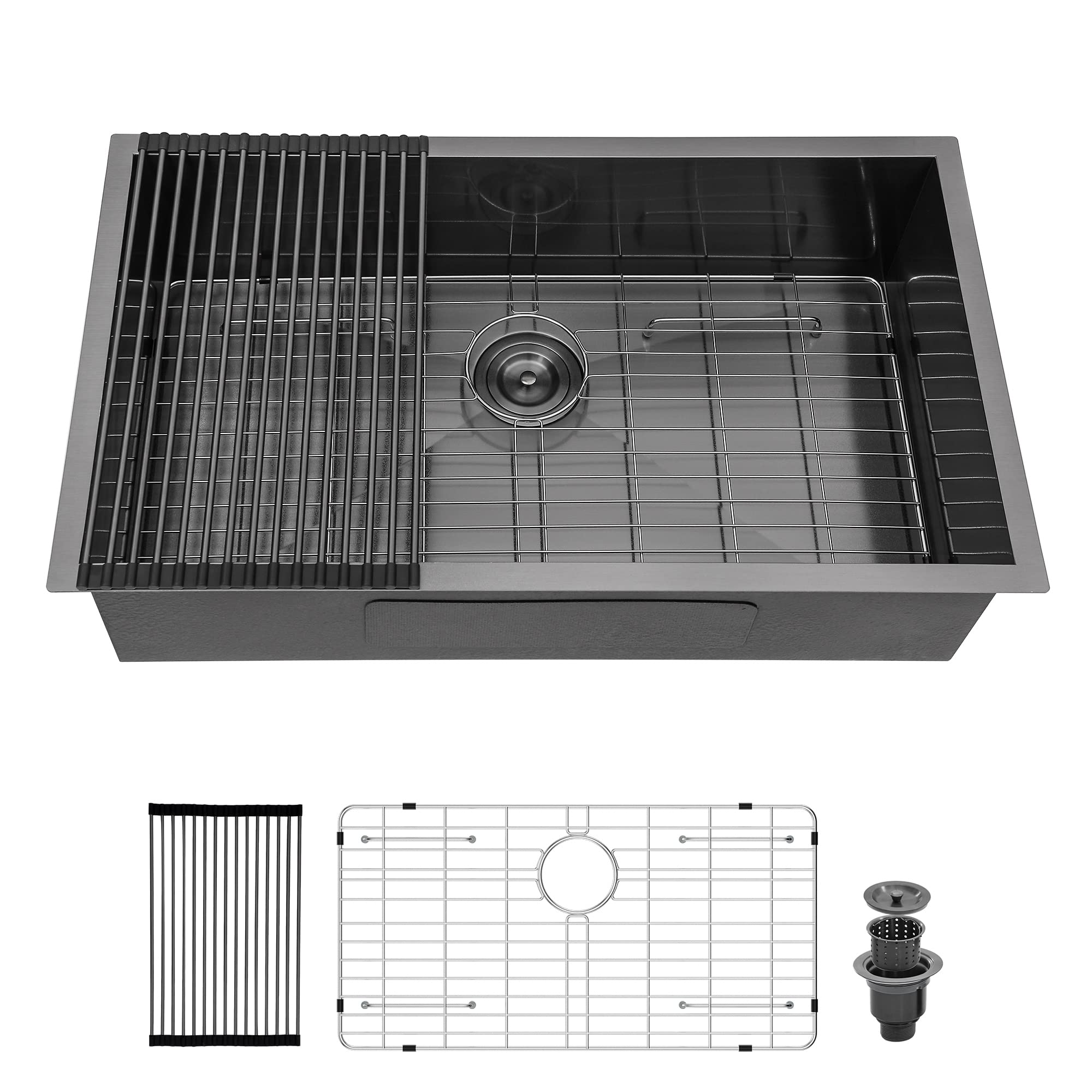 Logmey 30x18 Inch Gunmetal Black Undermount Single Bowl Stainless Steel Kitchen Sink