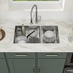 Logmey 33'' Kitchen Sink - Undermount 60/40 Double Bowl - Silver Stainless Steel