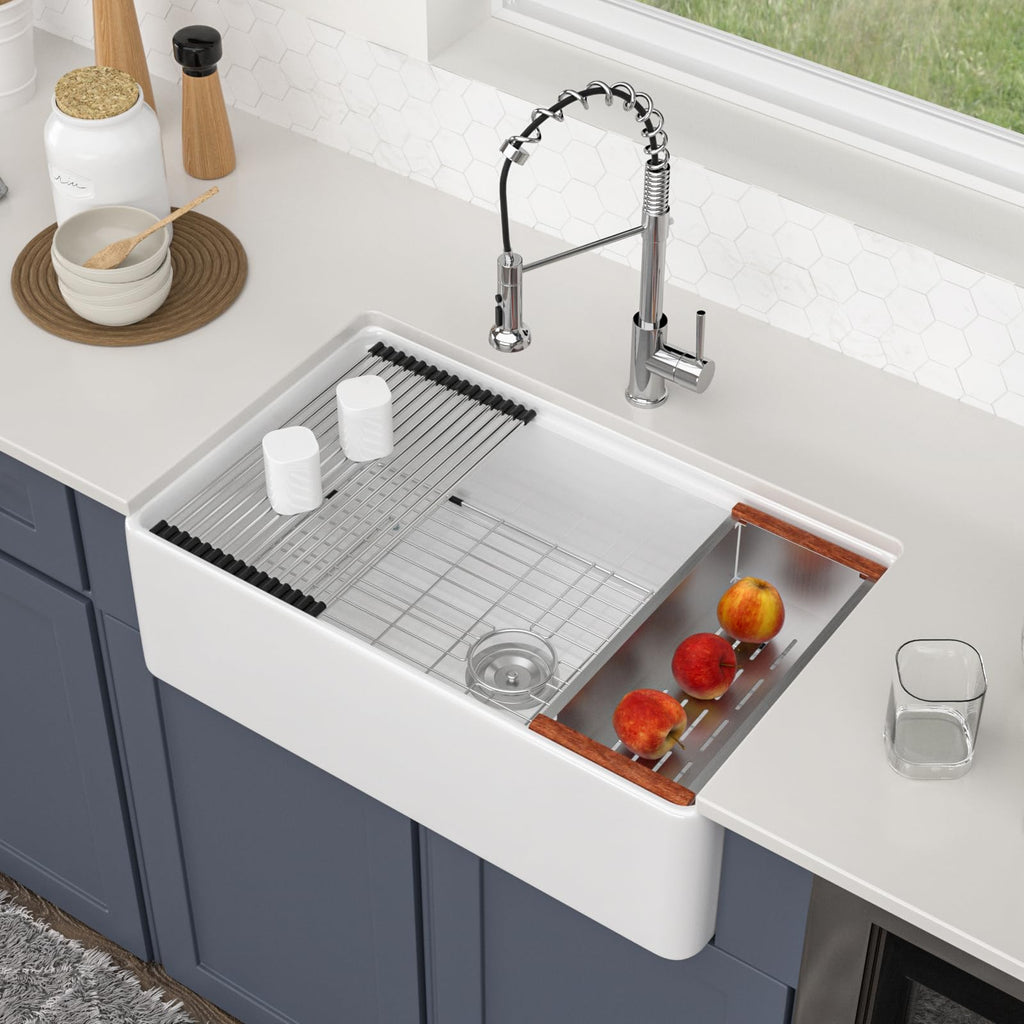 Logmey 33 Inch White Workstation Single Bowl Apron Front Fireclay Ceramic Farmhouse Sink