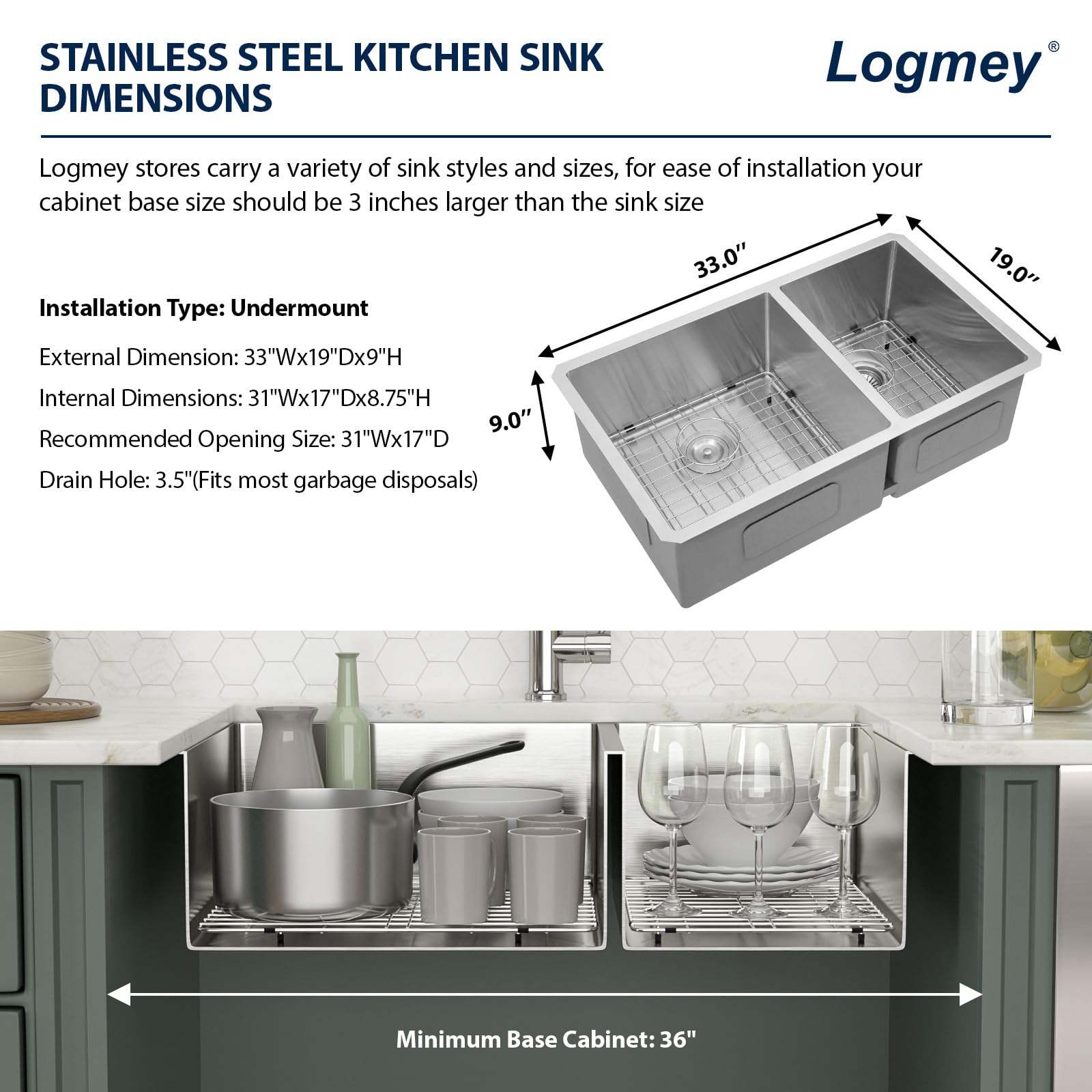 Logmey 33'' Kitchen Sink - Undermount 60/40 Double Bowl - Silver Stainless Steel
