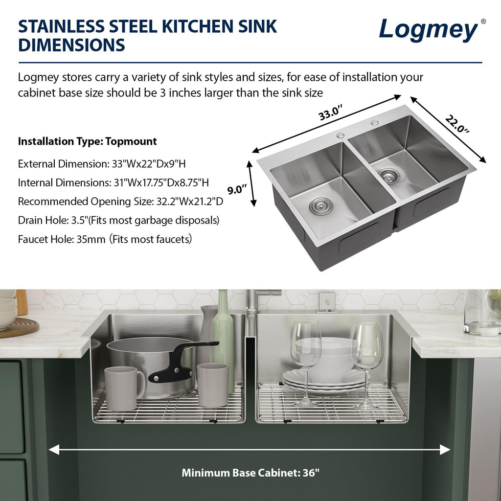 Logmey 33'' Kitchen Sink - Drop-In Topmount 50/50 Double Bowl - Silver Stainless Steel
