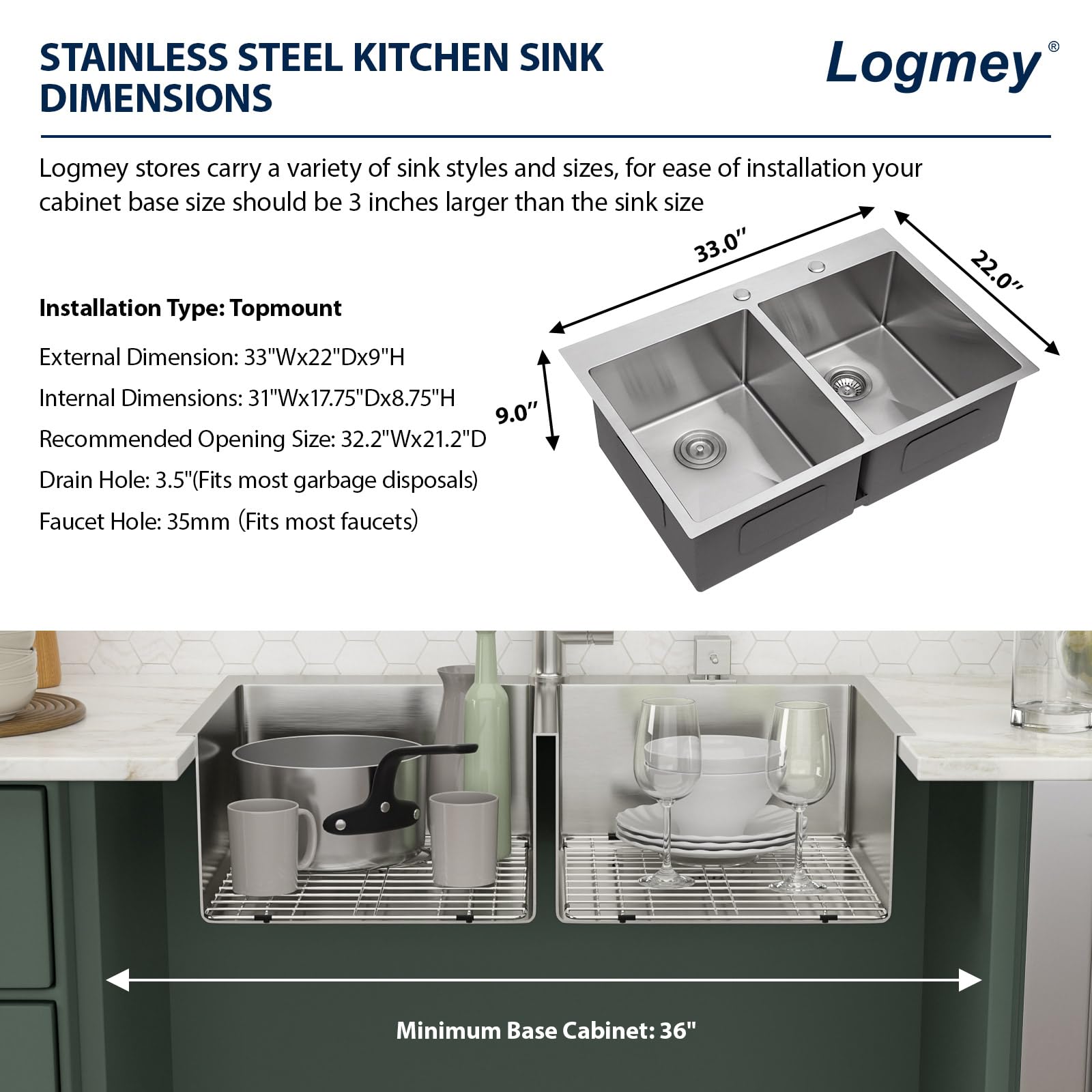 Logmey 33'' Kitchen Sink - Drop-In Topmount 50/50 Double Bowl - Silver Stainless Steel