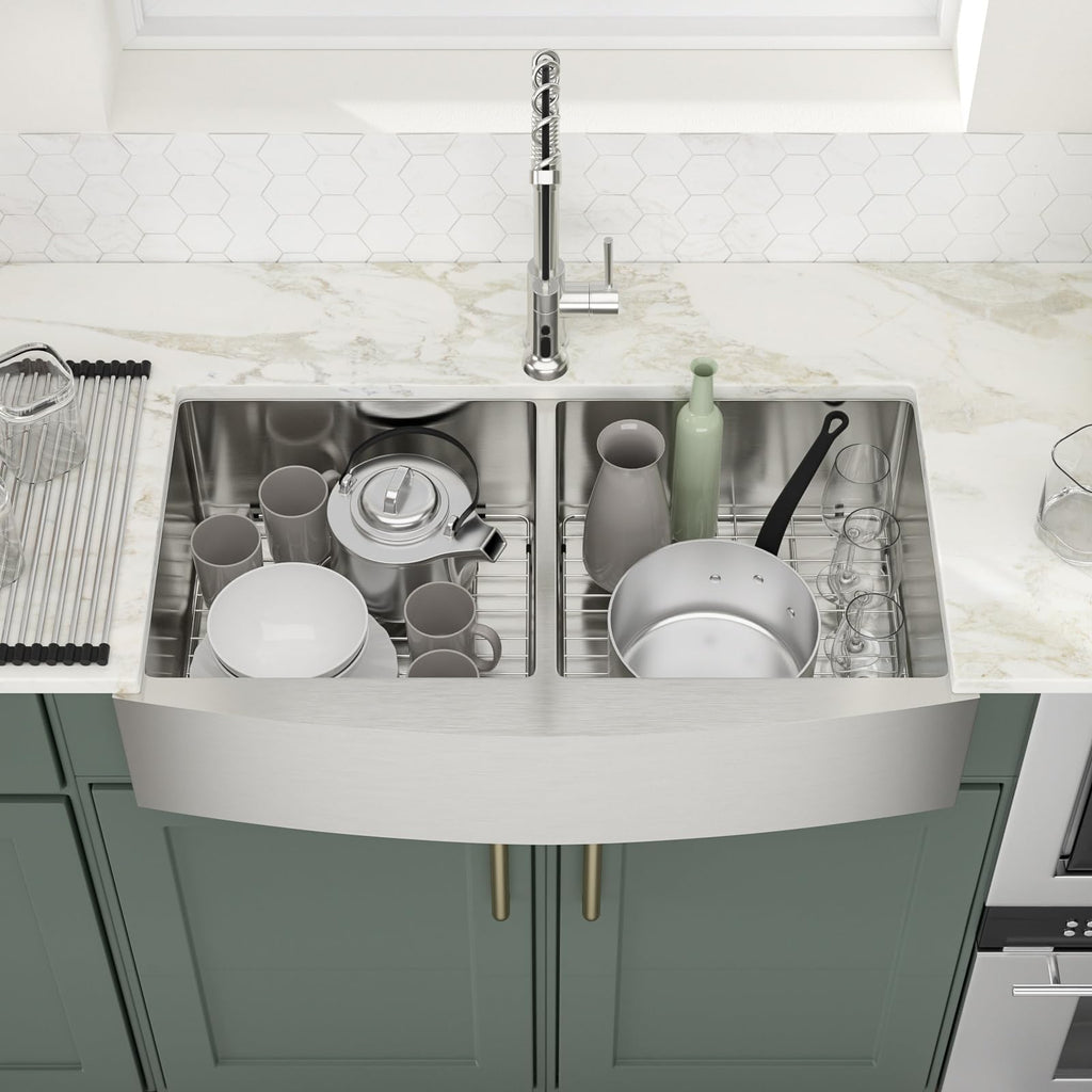 Logmey 36'' Farmhouse Kitchen Sink - Apron Front 50/50 Double Bowl - Silver Stainless Steel
