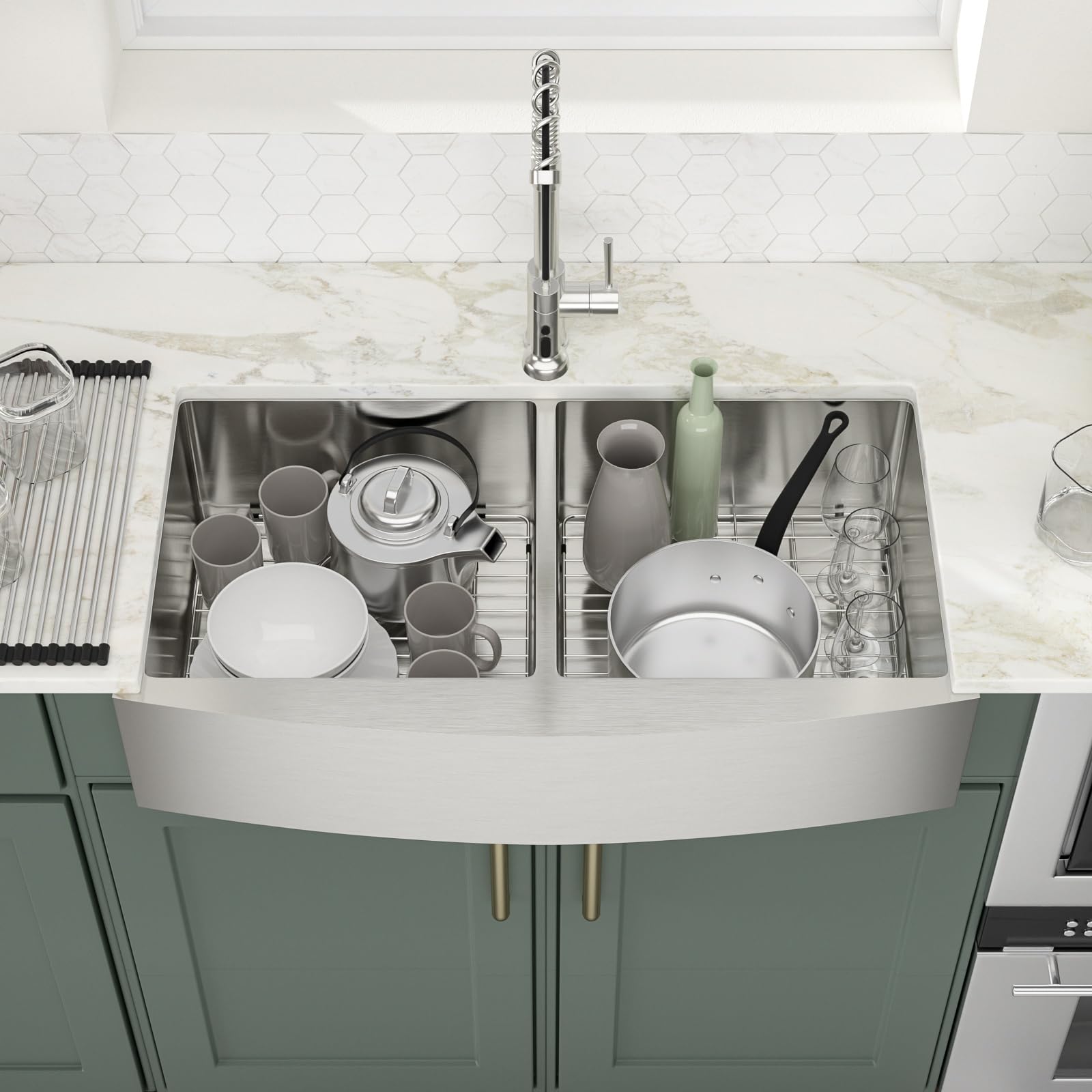 Logmey 36'' Farmhouse Kitchen Sink - Apron Front 50/50 Double Bowl - Silver Stainless Steel
